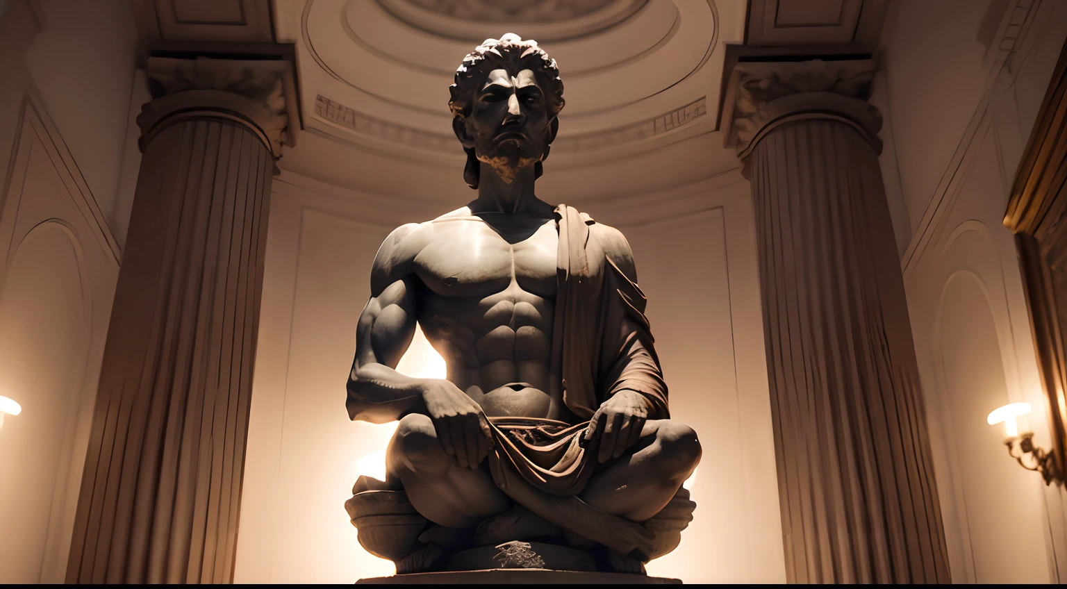 Ancient Stoic statue, with an expression of anger, usando manto e tunica longo sobre todo o corpo, Na Noite escura, ao ceu aberto, arquitetura grega antiga de fundo, 35 mm, lateralmente, Filmado em Sony A7S III com Sony FE 35mm f/1.8, 12.1 MP, --AR 3:2 --estilo cru