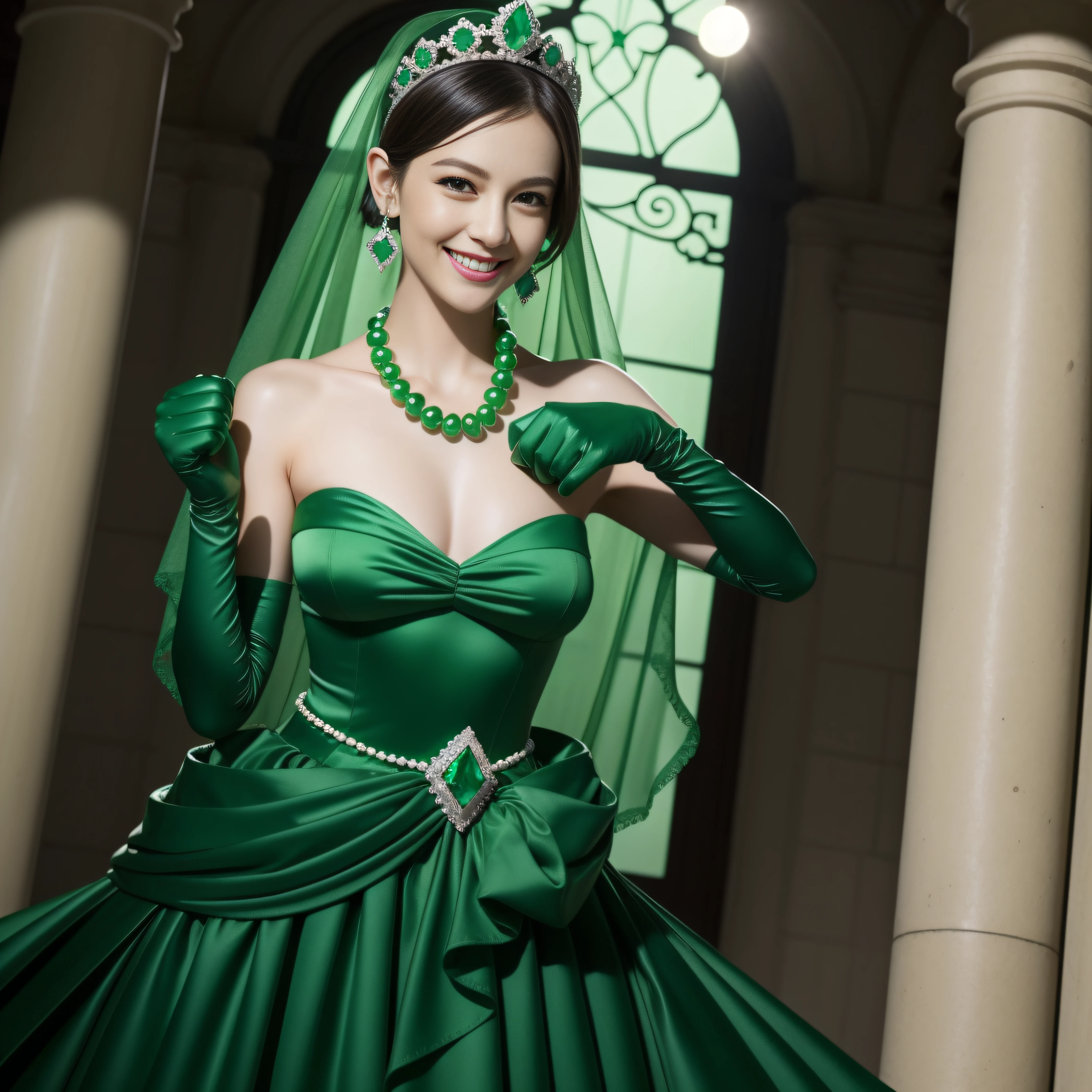 emerald tiara, Green Pearl Necklace, Boyish very short green hair, lipsticks, Japan woman smiling, very short short hair, fist, big breasts beautiful, Green eyes, Long green gloves made of satin material, Green eyes, Emerald Earrings