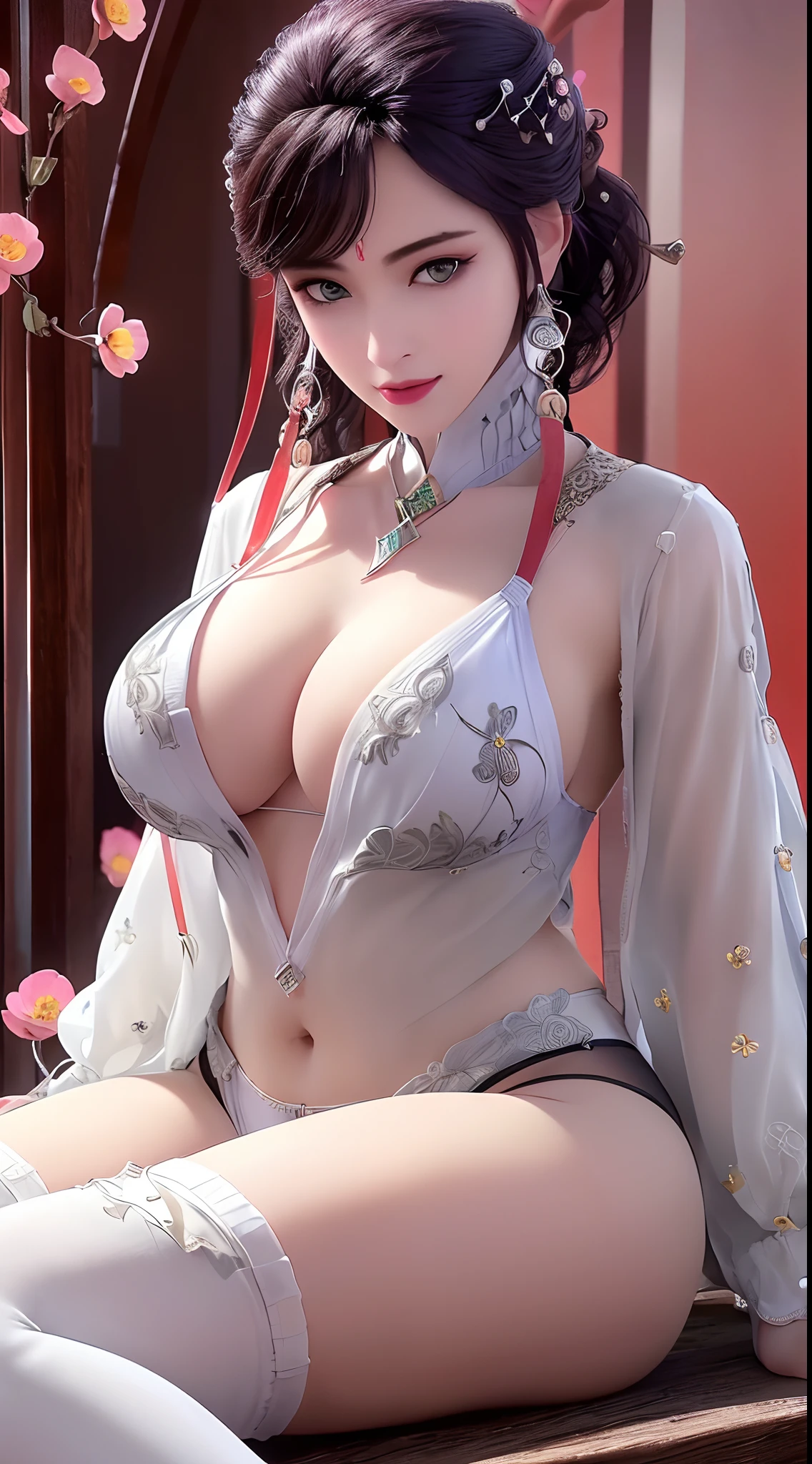 (((1 beautiful girl Wear super sexy invisible no colorlingerie:2))), super beautiful nipple, style naked, ((wearing colorless foot stockings invisible:2)), ((long black hair:1.8)), bangs, elaborate jewelry made from precious stones and beautiful hair, the noble, noble style of an extremely girl beautiful, very pretty and lovely face, ((bright face:1.2)), very pretty face, thin eyebrows, eyes are so beautiful and perfect, flawless beautiful face, ((black pupil: 0.8)), very beautiful eyes, ((eyes silver: 1.5)), ((light purple eyeshadow makeup is very attractive and devilish:1)), beautiful makeup and detailed hairdo, eyelashes, steamy eye makeup, high nose, earrings, plump red lips, beautiful and balanced lips, ((closed mouth: 1.5)), slim hands, beautiful thighs best, ((Sitting position, chest puffed out and arms behind: 1.6)), ((unbutton the girl's shirt:1.6)), ashamed, rosy face, clean face, flawless beautiful face, smooth white skin, (big breasts: 1.3)), ((high breasts: 1.6)), firm breasts, beautiful cleavage, (((big and super round breasts: 1.5))), ((super tight breasts: 1.5)), beautiful breasts, busty breasts, perfect body, thrust your chest forward, 8k photo, super high quality, hyper realistic, super 10x pixels, optical, studio bright, edge bright, two-tone lighting, (high detail skin: 1.2), super 8k, soft light, high quality, volumetric light, optical, high resolution optical, light, best photo, 8k quality, smooth sharpness, (((bright white skin, super bright background: 1.2))), (((super bright skin:1.5))), bright colors harmonious light, ((red flower background:1.5)), aurora, lightning, surreal graphics, most realistic graphics, alone, solo, Extremely sharp, surreal images, look at the beautiful girl's body, (((frontal portrait: 1.2)))."