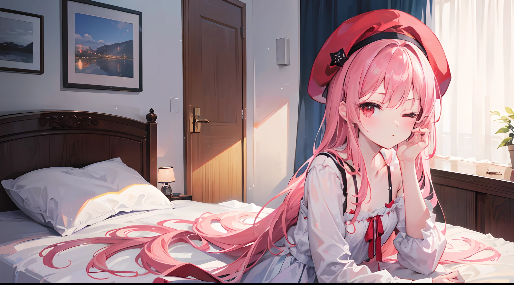 1girl, long pink hair, red eyes, sleepy, one eye closed, slim body, small chest size, wearing white dress, red beret hat, sitting on bed in room like student dorm, pouting, absurdres, high res, ultrasharp, 8K, masterpiece, looking at viewer