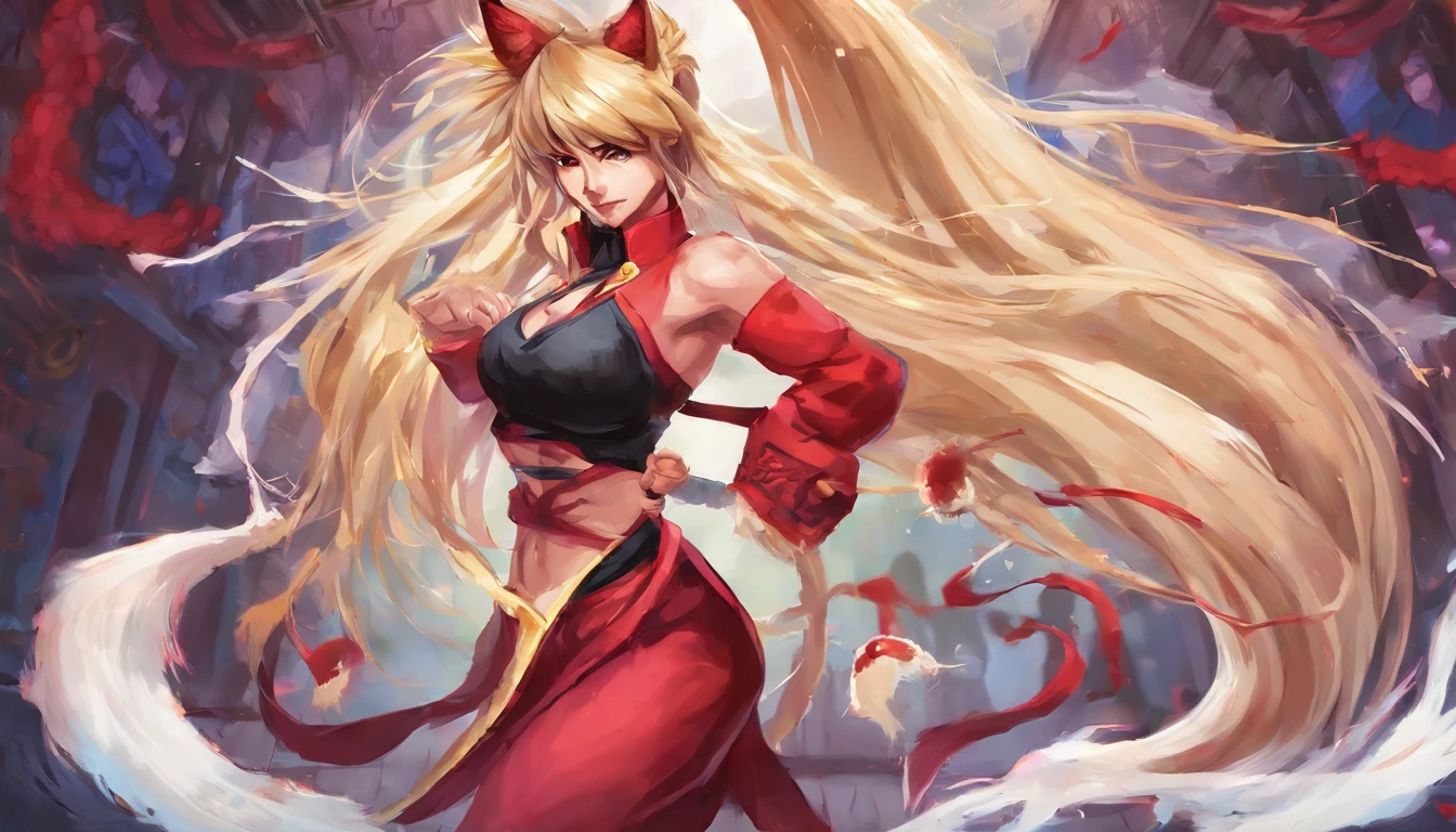 Ahri de League of Legends, foto do corpo todo, perfect hands, cabelos pretos e longos, nine fox tails on the tailbone, orelhas de raposa pretas, roupa de samurai vermelha, papel de parede, fundo em Iona, rosto sexy oriental, cabelos pretos escuros, imagem horizontal, celular