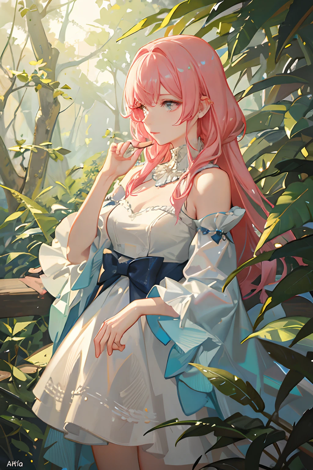 (best quality,4k,8k,highres,masterpiece:1.2),ultra-detailed,(realistic,photorealistic,photo-realistic:1.37),girl in a forest with pink hair,wearing a white dress,decorated with seashell hair accessory,eyes in vibrant colors

-portraits,landscape,concept artists,gentle lighting,vivid colors,soft pastel tones,ethereal atmosphere,fairytale scenery,sunlight streaming through the trees,dreamlike setting,silky smooth textures,surreal elements

Note: the prompt includes the desired creative aspects while still following the guidelines provided.

Please note，prompt Keep it short，And only in English。