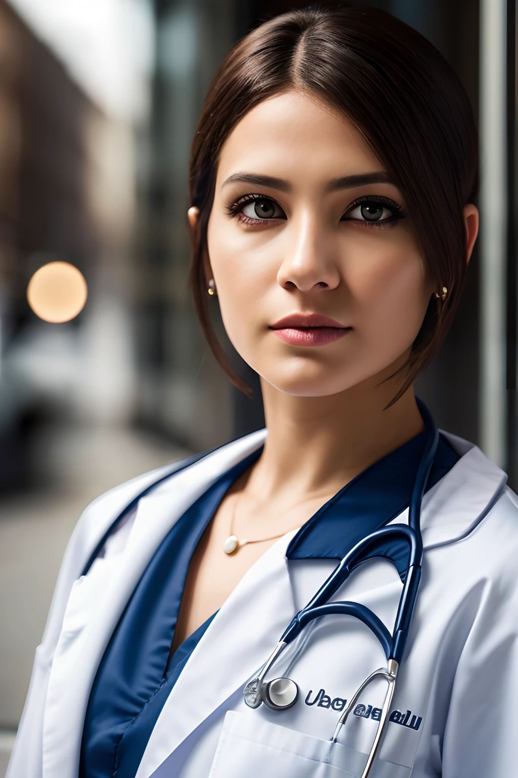 tmasterpiece,best quality,HDR, hiper HD, 8k,Bokeh,pintura ultrafina,foco nítido,rendering physically based,extreme detail description,Retratos,Close-up,1Woman dressed as a doctor.cabelo curto e detalhado,Sexy criado, Outside the café, kinematic lighting,dramatic lighting,(EOS R8, 50 millimeters, F1.2, 8k, foto raw:1.2)