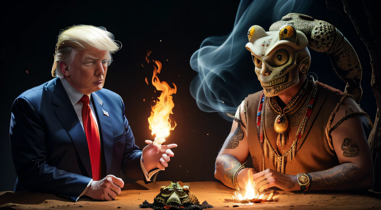 ((donal trump wears native clothes and comes face to face with an alien toad)), ((alien toad)), ornate tattoo, skull accessory, fangs, anger, shouting, fire, smoke, gloom