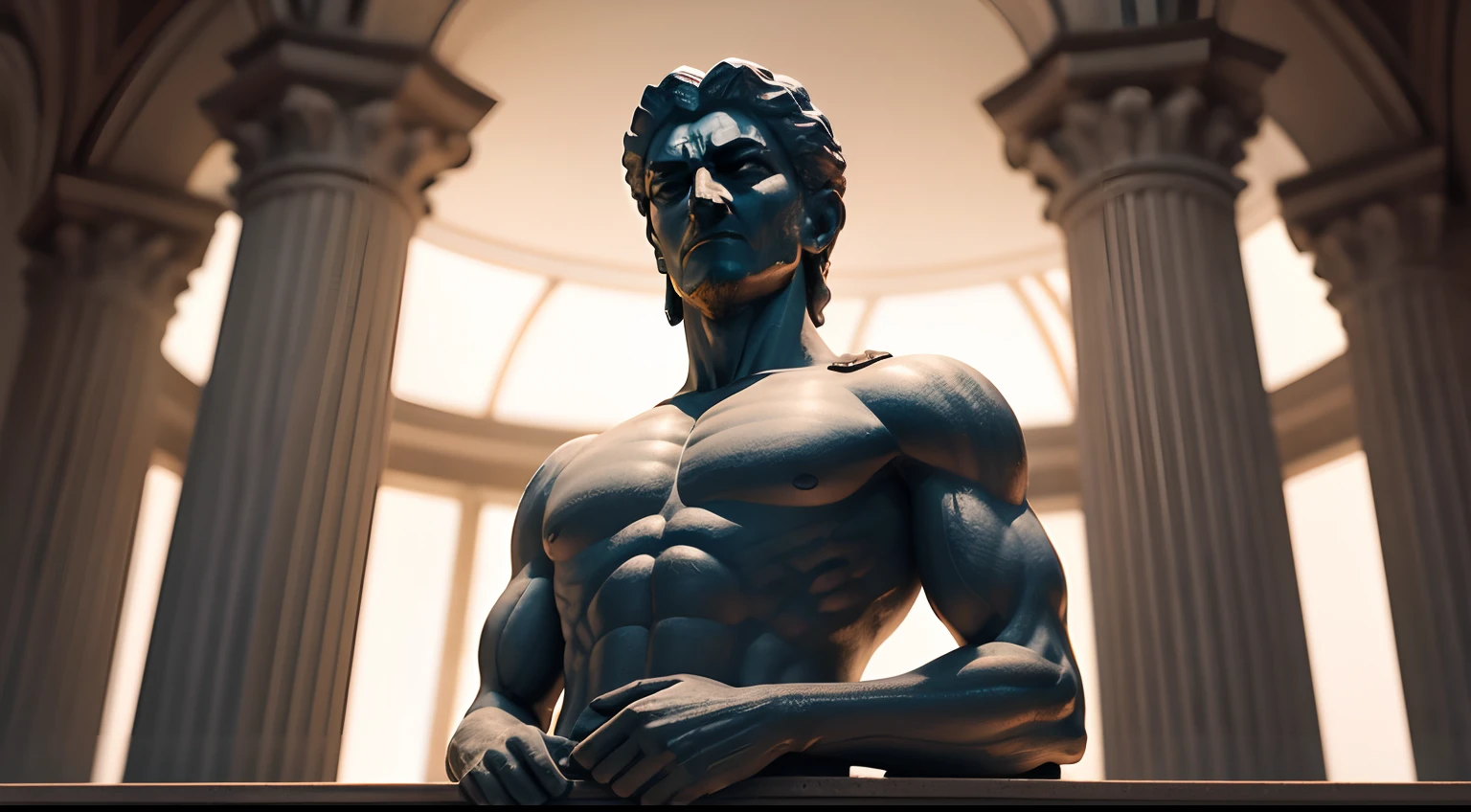 Ancient Stoic statue, with an expression of anger, usando manto e tunica longo sobre todo o corpo, Na Noite escura, ao ceu aberto, arquitetura grega antiga de fundo, 35 mm, lateralmente, Filmado em Sony A7S III com Sony FE 35mm f/1.8, 12.1 MP, --AR 3:2 --estilo cru