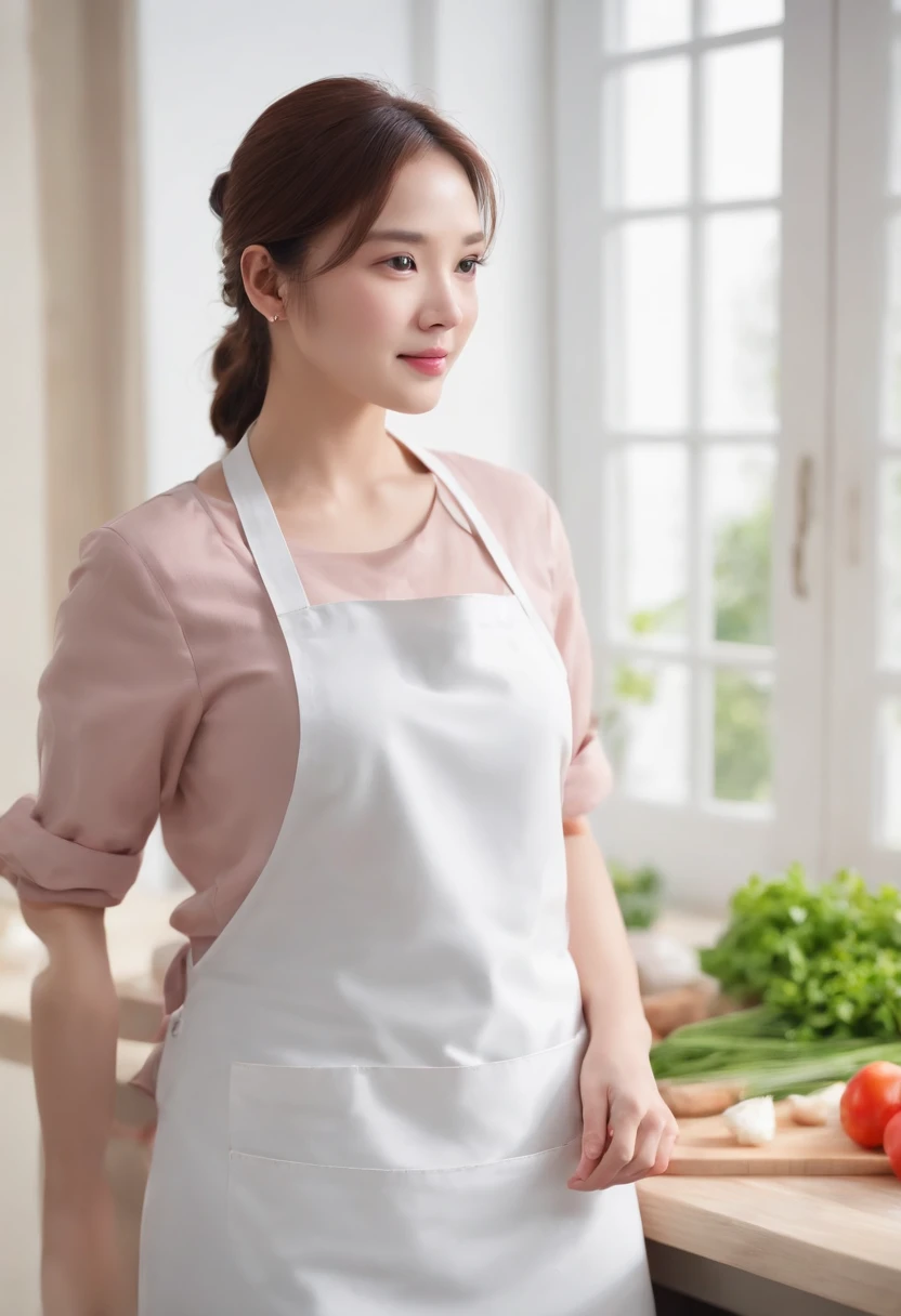 kitchens、fat Woman cooking、overweight, Gilet blanc、White apron、long trousers、Hold the pan in your left hand、Touch your head with your right hand、Background windows let in light、Sunnyday、Background kitchen water practice、fluency、small boobs、Cute smile、horse tailed、Bright environment、busty、4K、A high resolution、tmasterpiece、top-quality