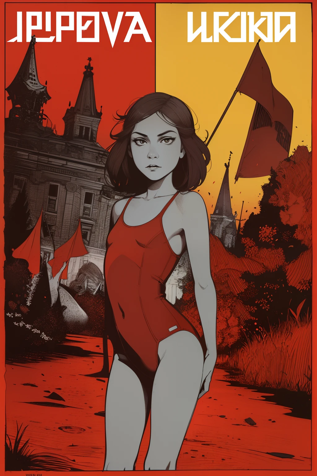 (superflat, flat shading, flat colors:1.1), (magazine cover), (soviet propaganda poster), **** young teen girl, slim, petite, red swimsuit, serious, red sunset, communist revolution, bolsheviks, red banners, volumetric lighting, soft light, bright, colorful, sketch