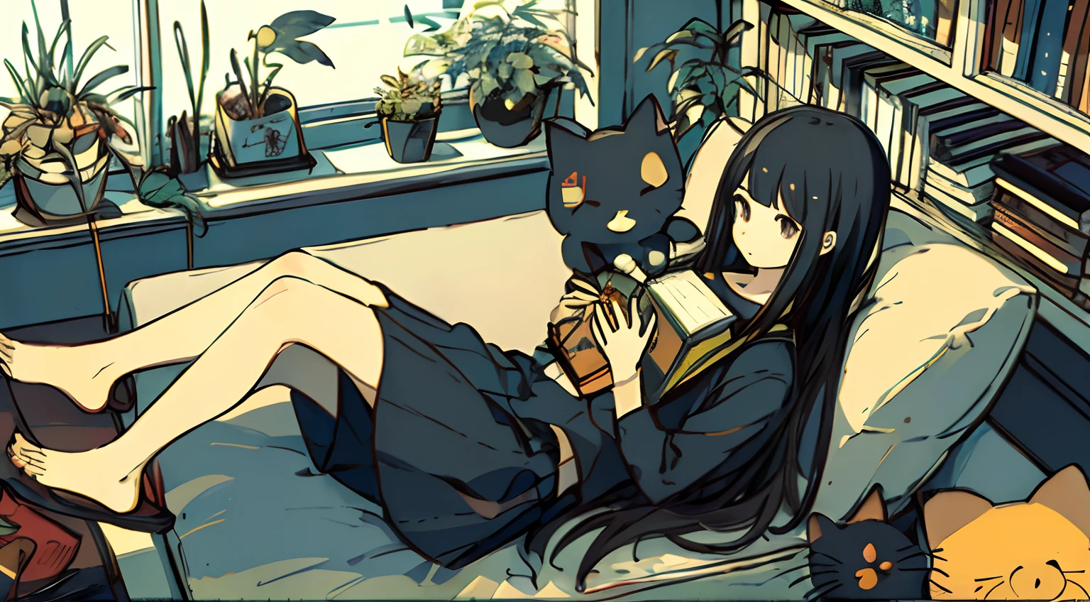 a girls, from above, plant, black hair, cat, lying, indoors, holding, long sleeves, long hair, stuffed toy, potted plant, book, food, window, phone, loaded interior, television, short hair, on back, stuffed animal, bangs, slippers, barefoot, sitting, bookshelf, shelf, cable, computer
