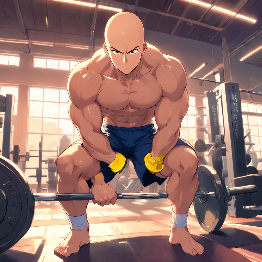 a young muscular bald shirtless man inime style, wearing black and white striped shorts, handcuffed and shackled, sitting in a dimly lit prison cell, low angle shot, focused on his sweaty youthful feet, shallow depth of field, metal shackles, emphasizing the feet, stubble, sweat, dirty soles, chains between the feet, emphasizing his dirty, sweat-soaked feet