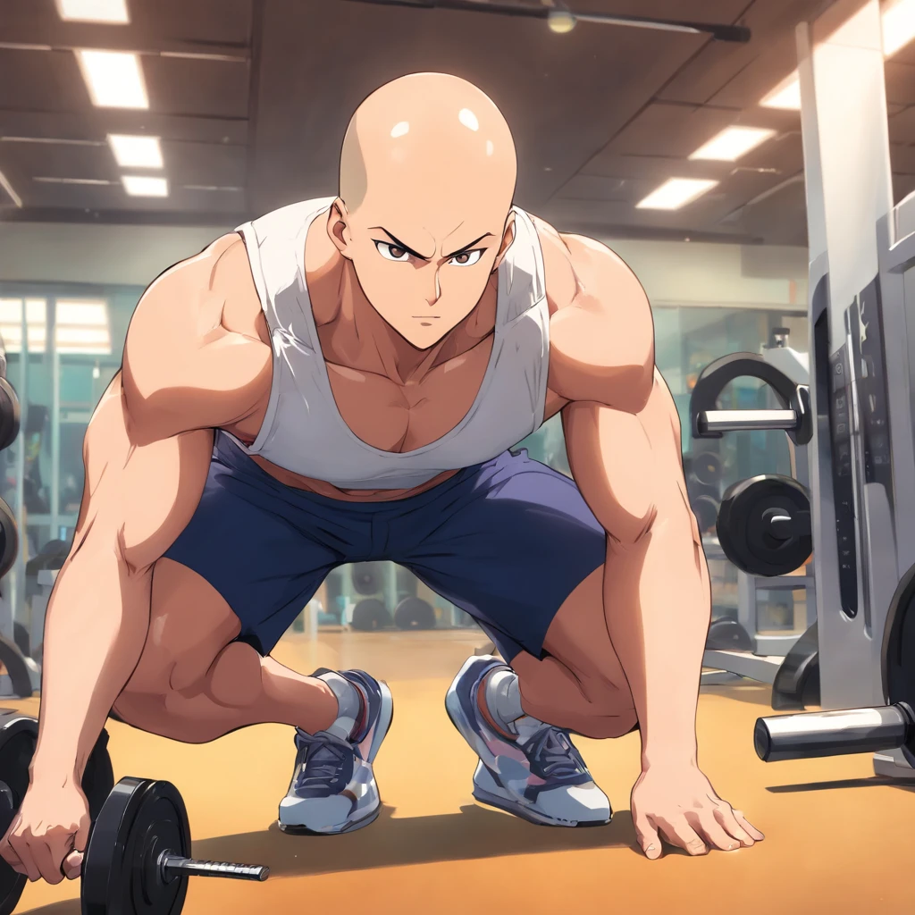 Saitama ((careca)), Um homem de soco, masculino, Working out intensely in a bodybuilding gym, Well-defined and detailed muscles,