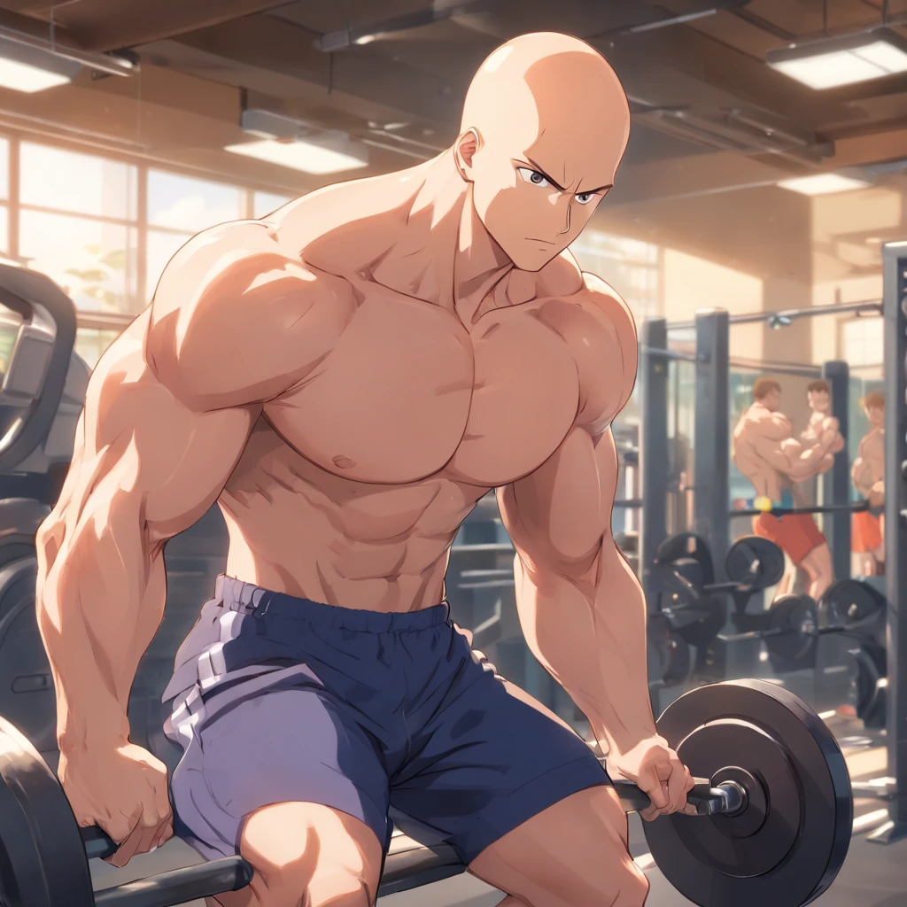 ator dwayne johnson, tanned, Trains in a weight room, Well-defined muscles, Concentration dans les muscles, Detailed biceps and triceps, sans cheveux, visage parfait, Des mains parfaites, Des doigts parfaits, peau mate, An upside-down helmet on the head