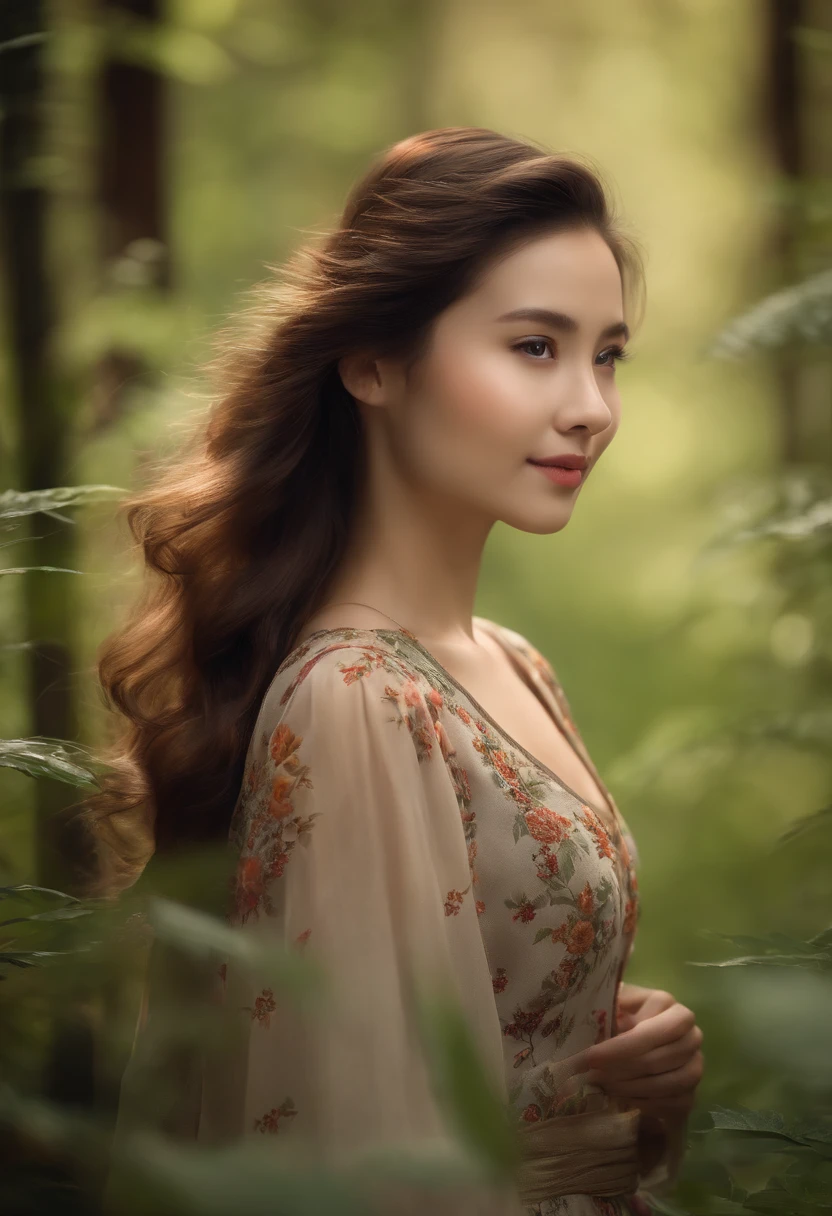 Forest scene, Macro realism, Chinese woman, 18 years old, long brown hair, detailed light brown eyes, small rounded nose, thin lips, light skin, smiling, toned body, looking at the landscape, walking, side view, pose, clothing long floral dress, full body, 8k UHD, ultra-realistic, vibrant colors, photography, Cinematic
