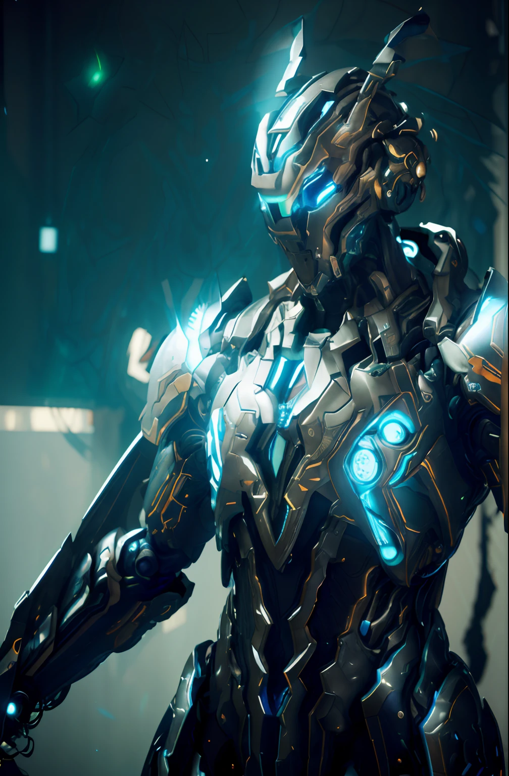 arafed robot with glowing eyes and a glowing arm, cyber suit, movie still of a cool cyborg, Unreal Engine 4K wallpapers, detailed warframe, 4K HD wallpapers very detailed, 4k rendering, 4 k render, intricate glowing mecha armor, warframe armor, movie still of a villain cyborg, high detail 4k render,male people,No hair