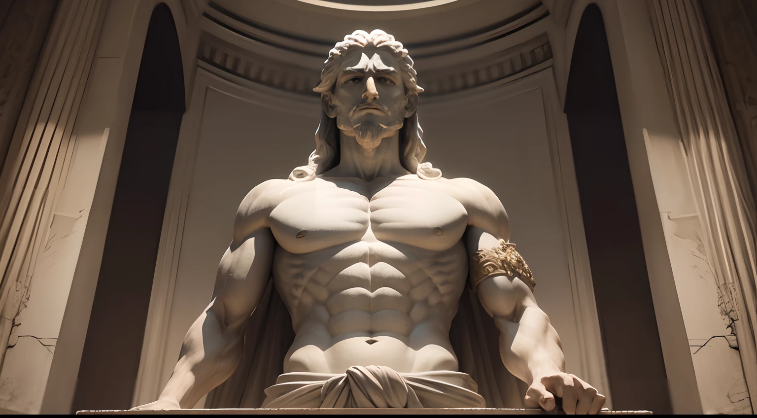 Ancient Stoic statue, with an expression of anger, usando manto e tunica longo sobre todo o corpo, Na Noite escura, ao ceu aberto, arquitetura grega antiga de fundo, 35 mm, lateralmente, Filmado em Sony A7S III com Sony FE 35mm f/1.8, 12.1 MP, --AR 3:2 --estilo cru