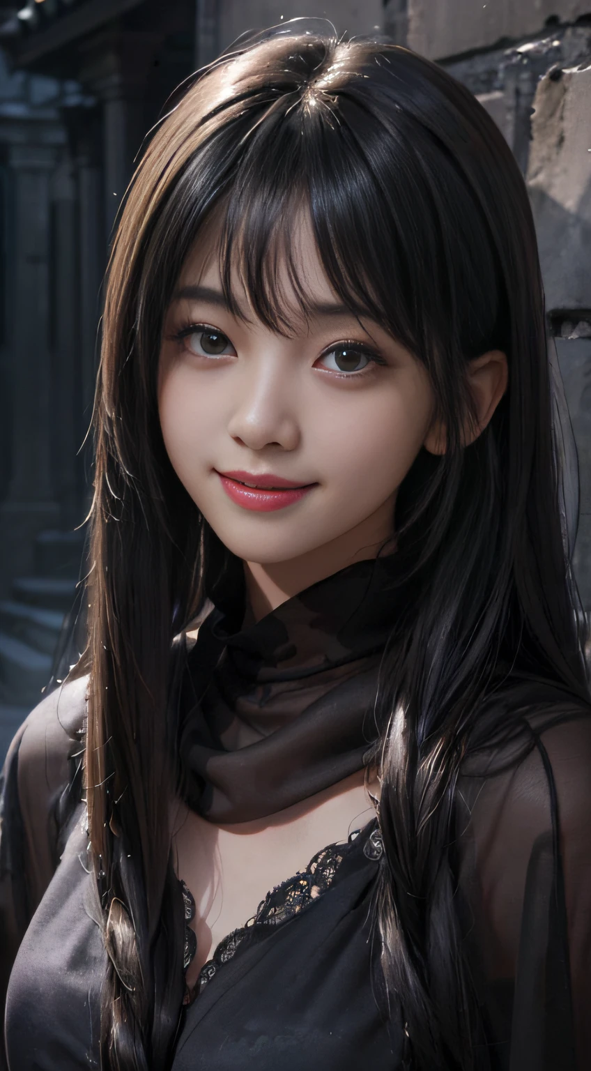 (A hyper-realistic)、(illustratio)、(hight resolution)、(8K)、(ighly detailed)、(Best Illustration)、(beautifully detailed eyes)、(top-quality)、(ultra-detailliert)、(masterpiece)、(wall-paper)、(A detailed face)、独奏、1 girl in、looking at viewert、fine detailed、A detailed face、in the darkness nigth、deep-shadows、lowkey、pureerosfaceace_v1、((light smile))、Long、Black shawl straight hair、46-point diagonal bangs
