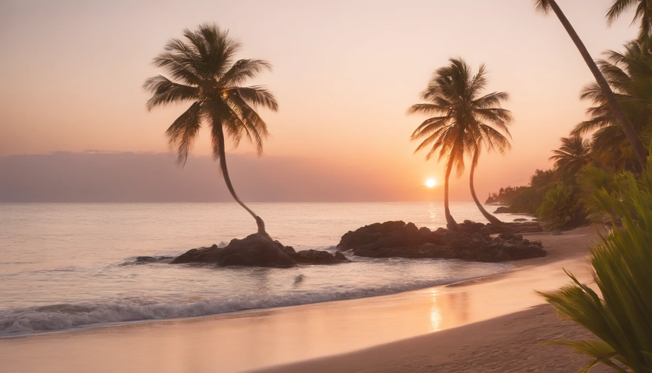 Vue d'Arafed sur un coucher de soleil avec des palmiers et une plage, Palmiers sur la plage, tropical atmosphere, Les palmiers viennent des profondeurs, Sunset at the beach, Arbres tropicaux, paradise in the background, Le plus beau coucher de soleil, Heure du coucher du soleil, Cocotiers, palm trees in the background, Palmiers James Gurney, Palmiers