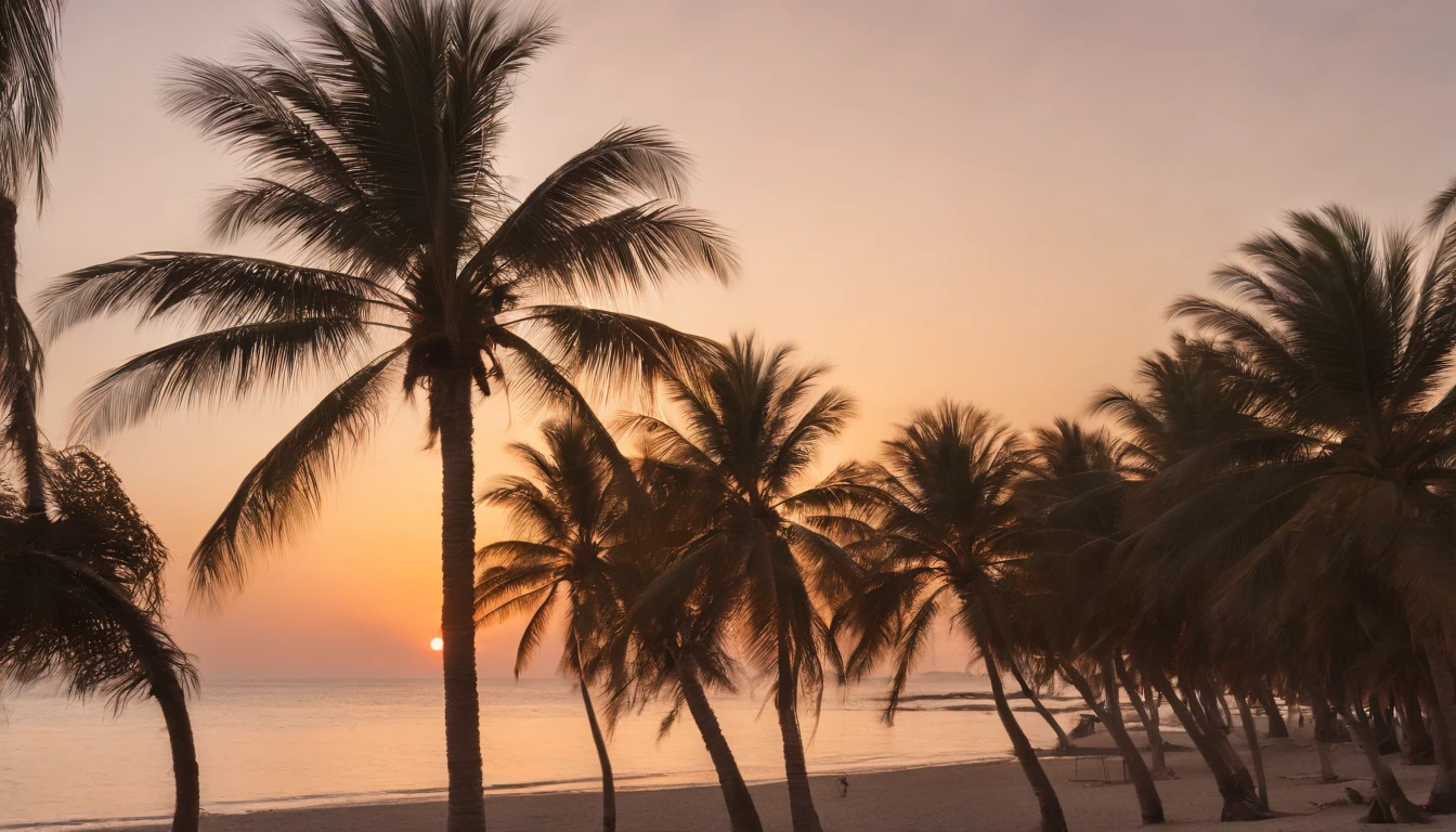 Vue d'Arafed sur un coucher de soleil avec des palmiers et une plage, Palmiers sur la plage, tropical atmosphere, Les palmiers viennent des profondeurs, Sunset at the beach, Arbres tropicaux, paradise in the background, Le plus beau coucher de soleil, Heure du coucher du soleil, Cocotiers, palm trees in the background, Palmiers James Gurney, Palmiers