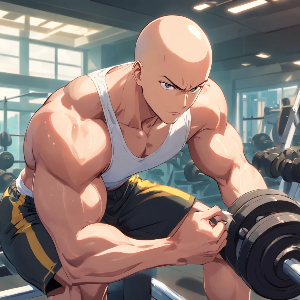 Saitama ((careca)), Um homem de soco, masculino, Working out intensely in a bodybuilding gym, Well-defined and detailed muscles,