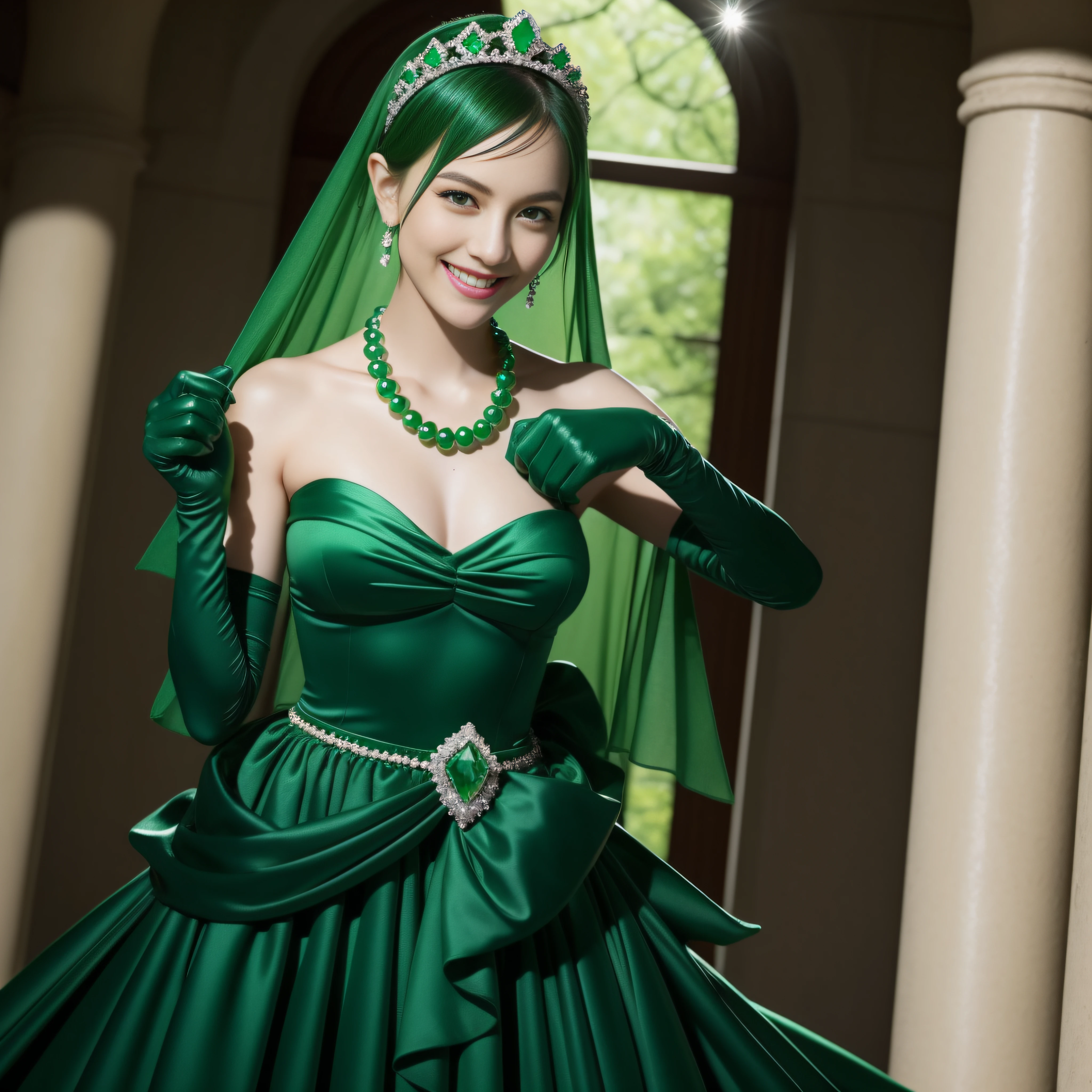 emerald tiara, Green Pearl Necklace, Boyish green berry short hair, lipstick, Smiling Japan woman, very short hair, big breasts beautiful, green eyes, Green long gloves made of satin material, green eyes, v sign, emerald earrings, Green Valley
