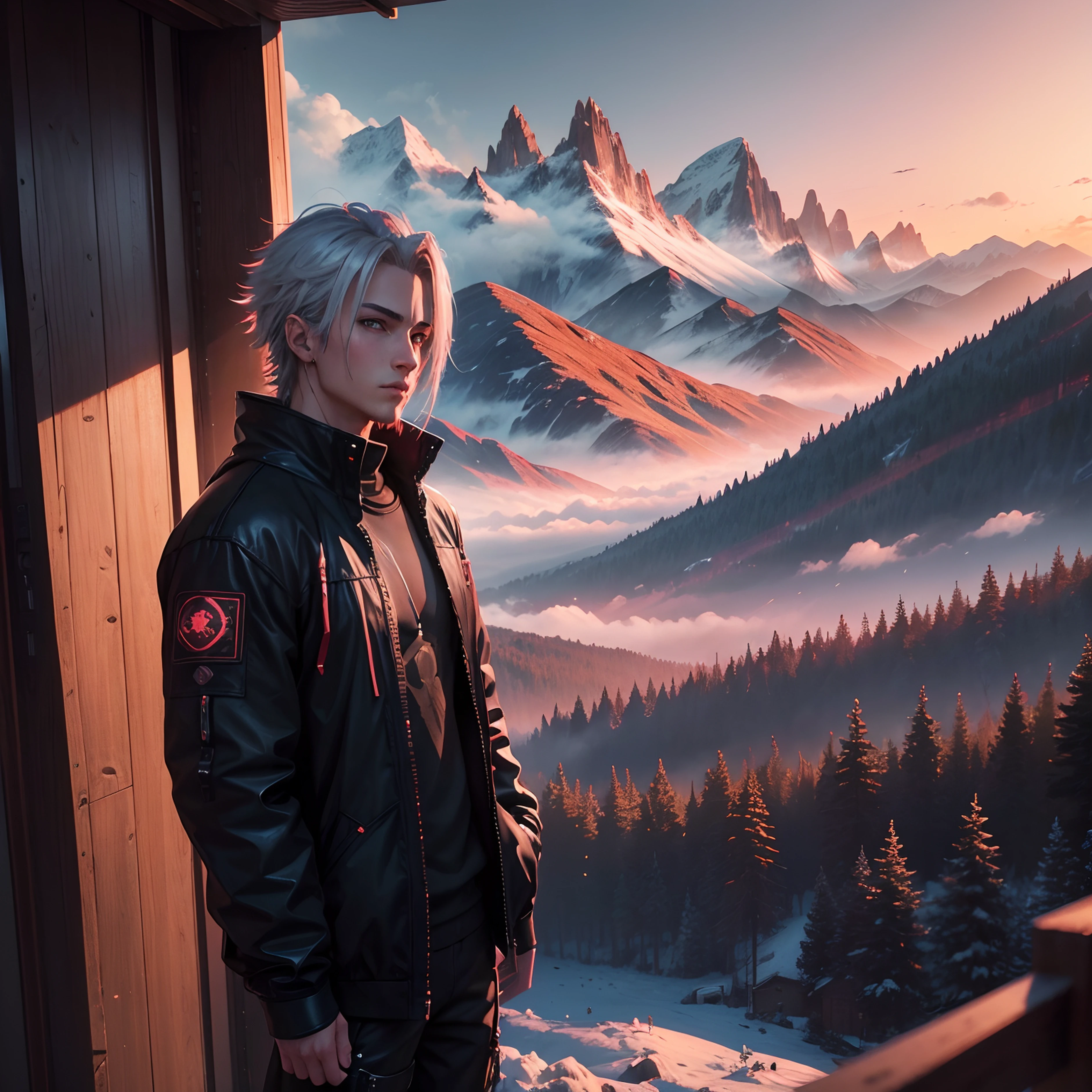 Anime,cyberpunk,man,realism In a scene of (masterpiece:1.4,best quality)), cloud, outdoors (mountains), spring glade, scenery, sky, winter, (early morning:1.4),morning red, high detail, abundant, 8k, high detail, wallpaper,