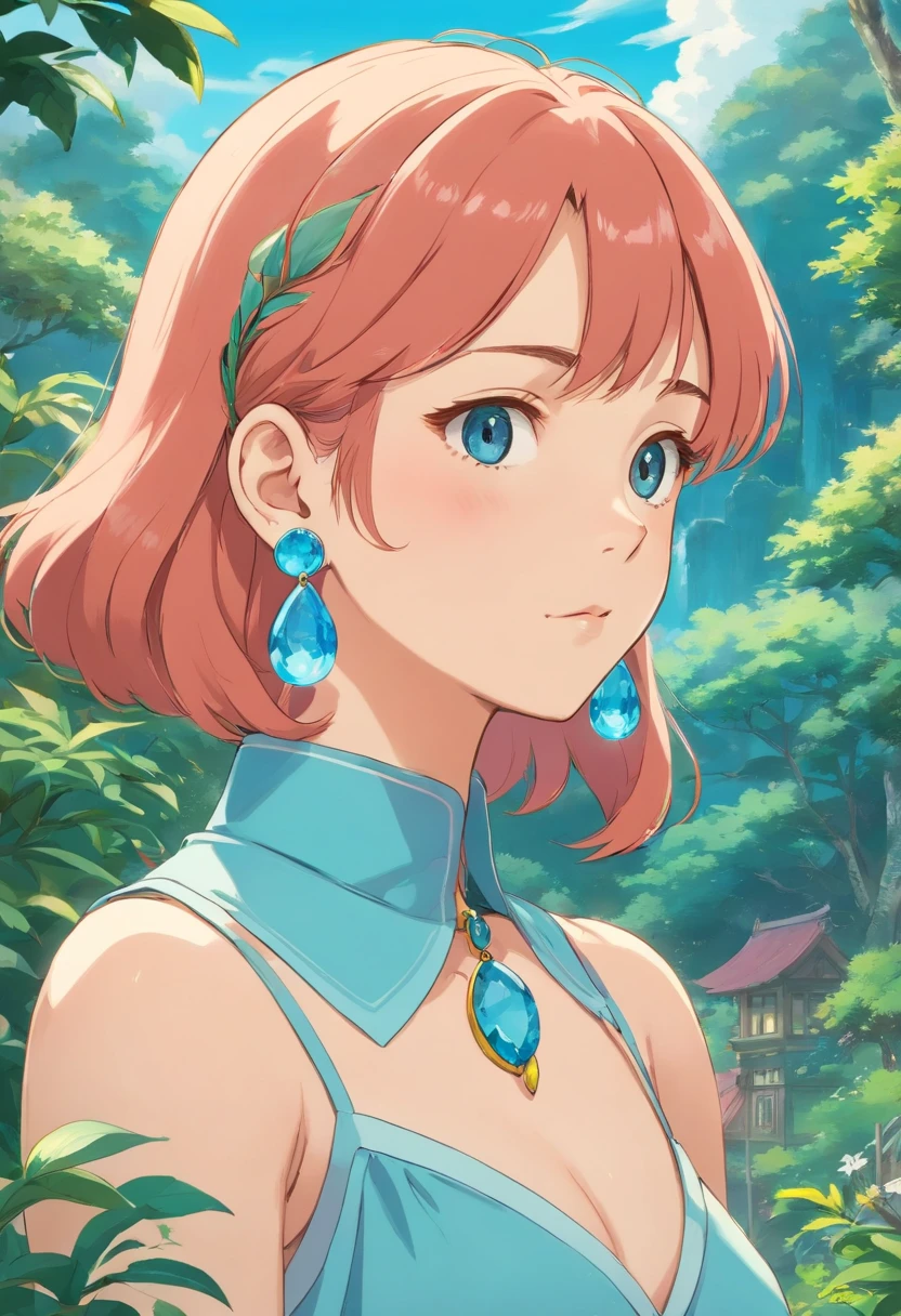 a girl wearing an anime collar, a long necklace and earrings, in the style of tranquil gardenscapes, colorful animation stills, masami teraoka, aquamarine, paul gauguin, Embry style, honest portrayal