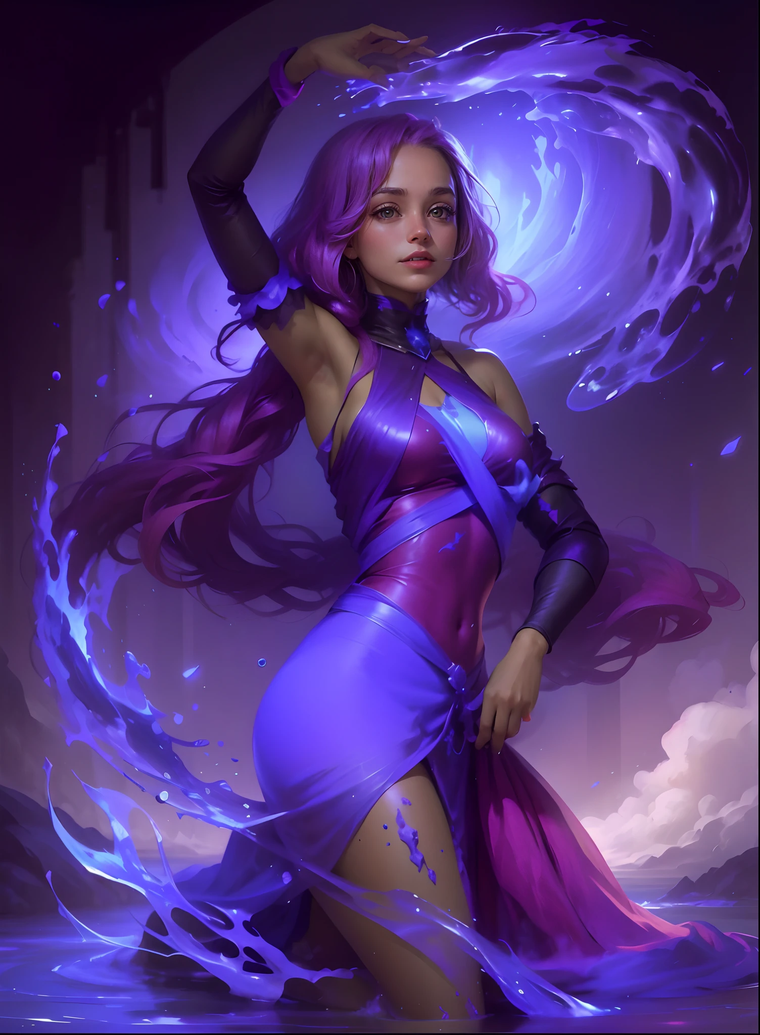 Porter de filme de fantasia, que caminha em um lago na magia, cabelo roxo/lilac, Water energy, water dominator, Vestido prateado, linda, blue water, lago escuro, blue water, vestido de couro branco/prata