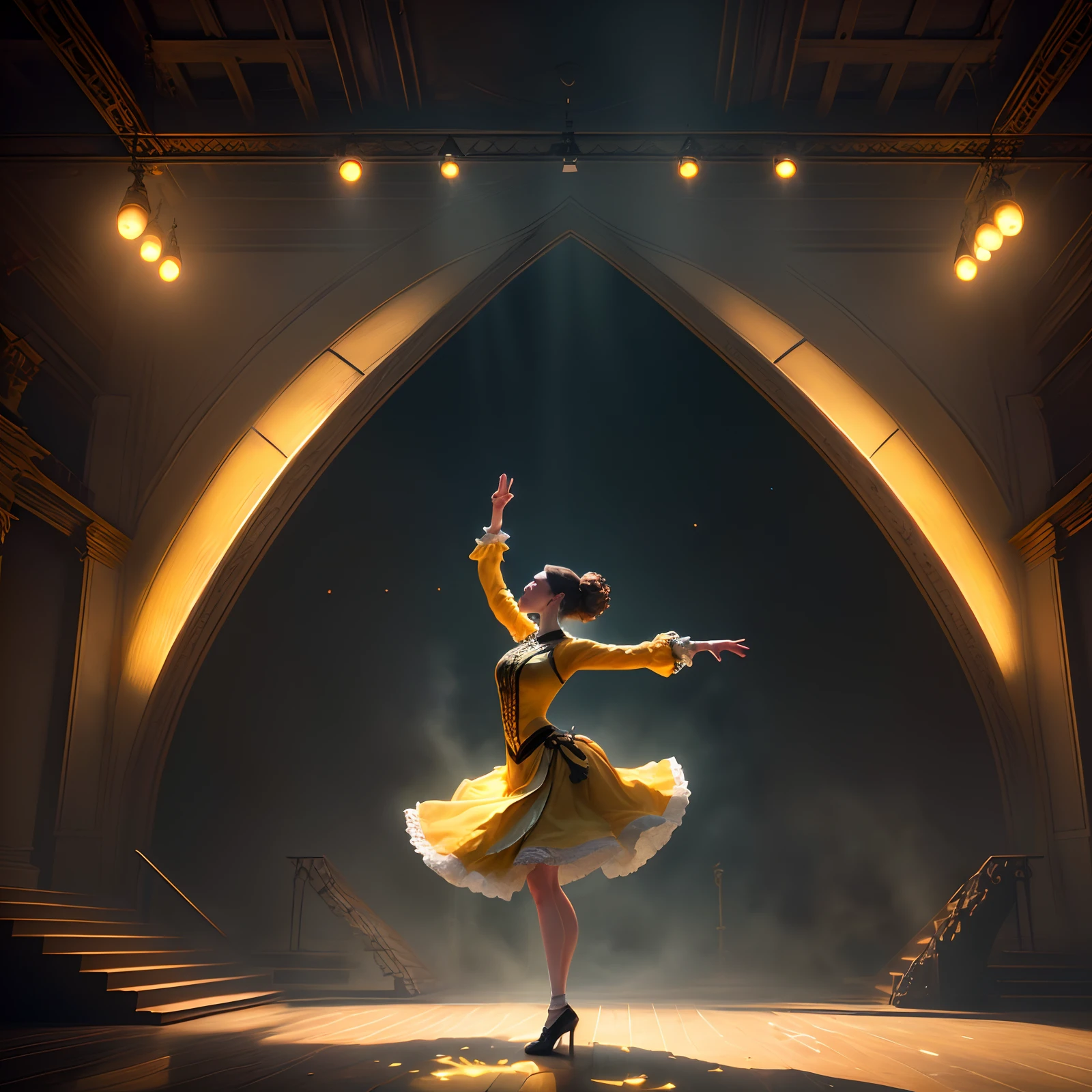 a Shakespeare stage play, yellow mist, atmospheric, set design by Michel Crête, Aerial acrobatics design by André Simard, hyperrealistic, 4K, Octane render, unreal engine, –ar 9:16 –uplight,a girl dance