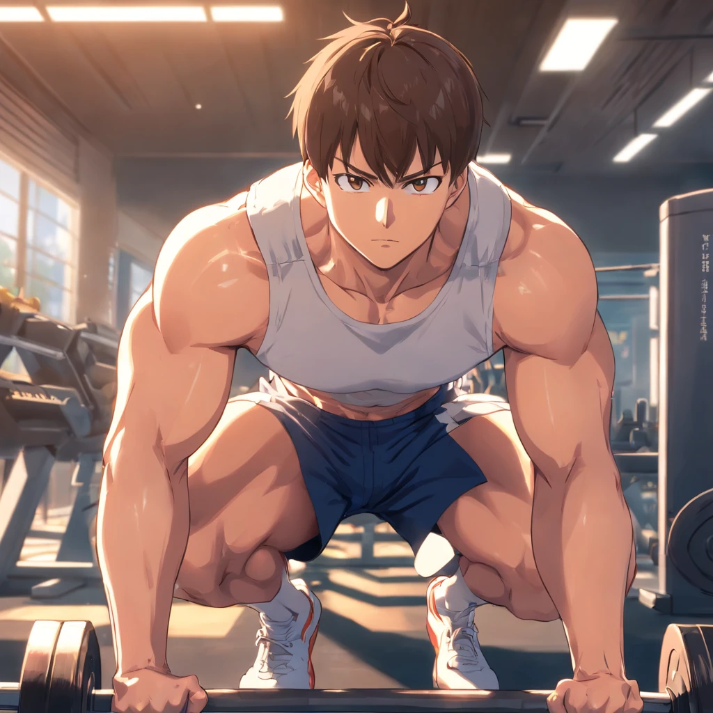 Saitama ((careca)), Um homem de soco, masculino, Working out intensely in a bodybuilding gym, Well-defined and detailed muscles,