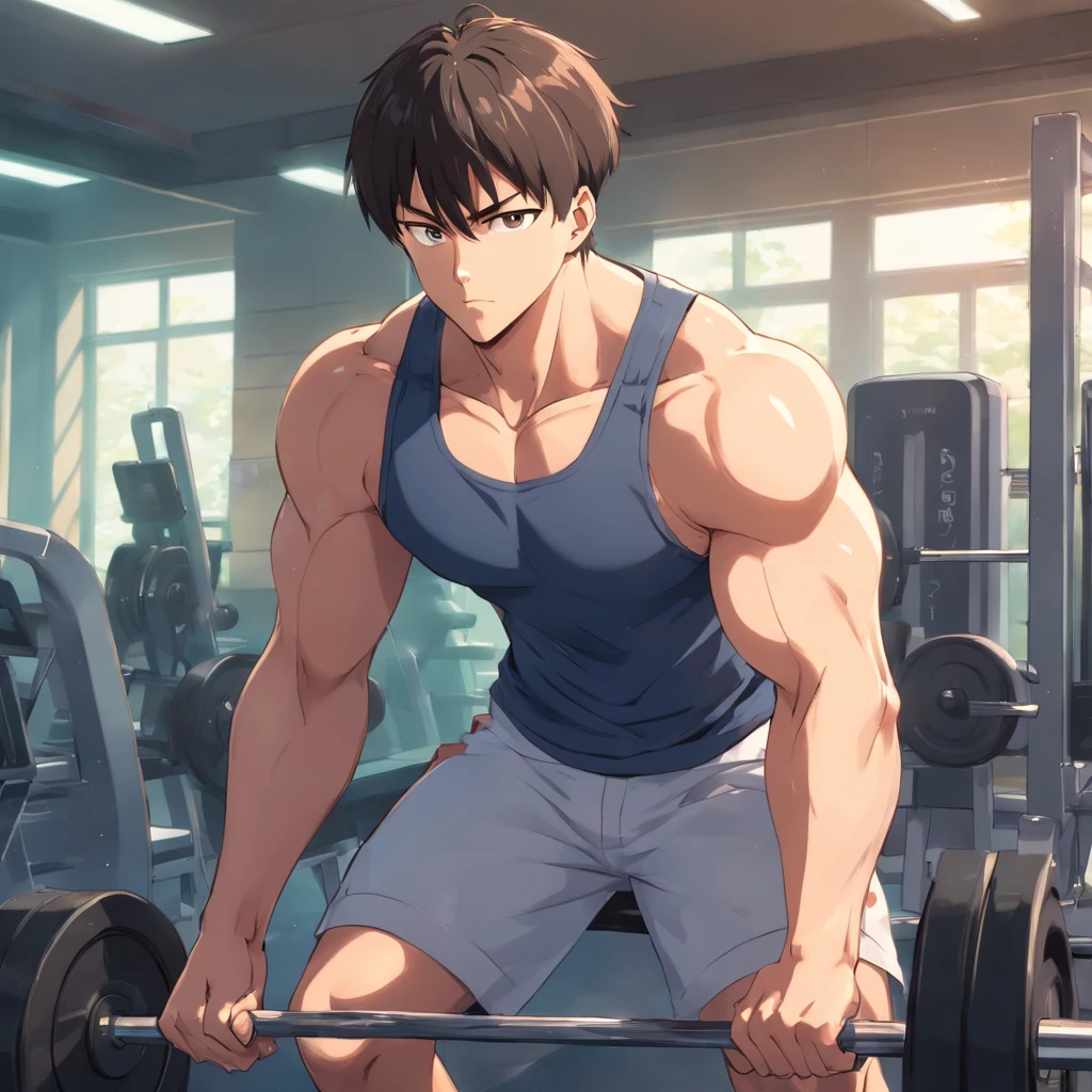 Saitama ((careca)), Um homem de soco, masculino, Working out intensely in a bodybuilding gym, Well-defined and detailed muscles,