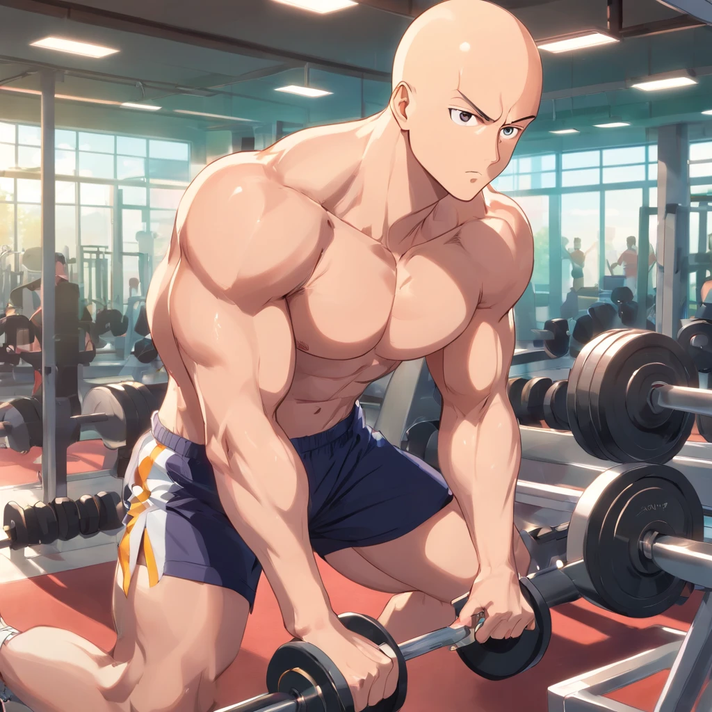 Saitama ((careca)), Um homem de soco, masculino, Working out intensely in a bodybuilding gym, Well-defined and detailed muscles,