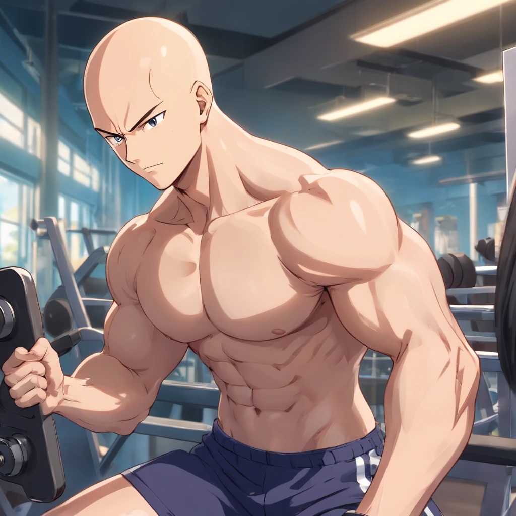 Saitama ((careca)), Um homem de soco, masculino, Working out intensely in a bodybuilding gym, Well-defined and detailed muscles,