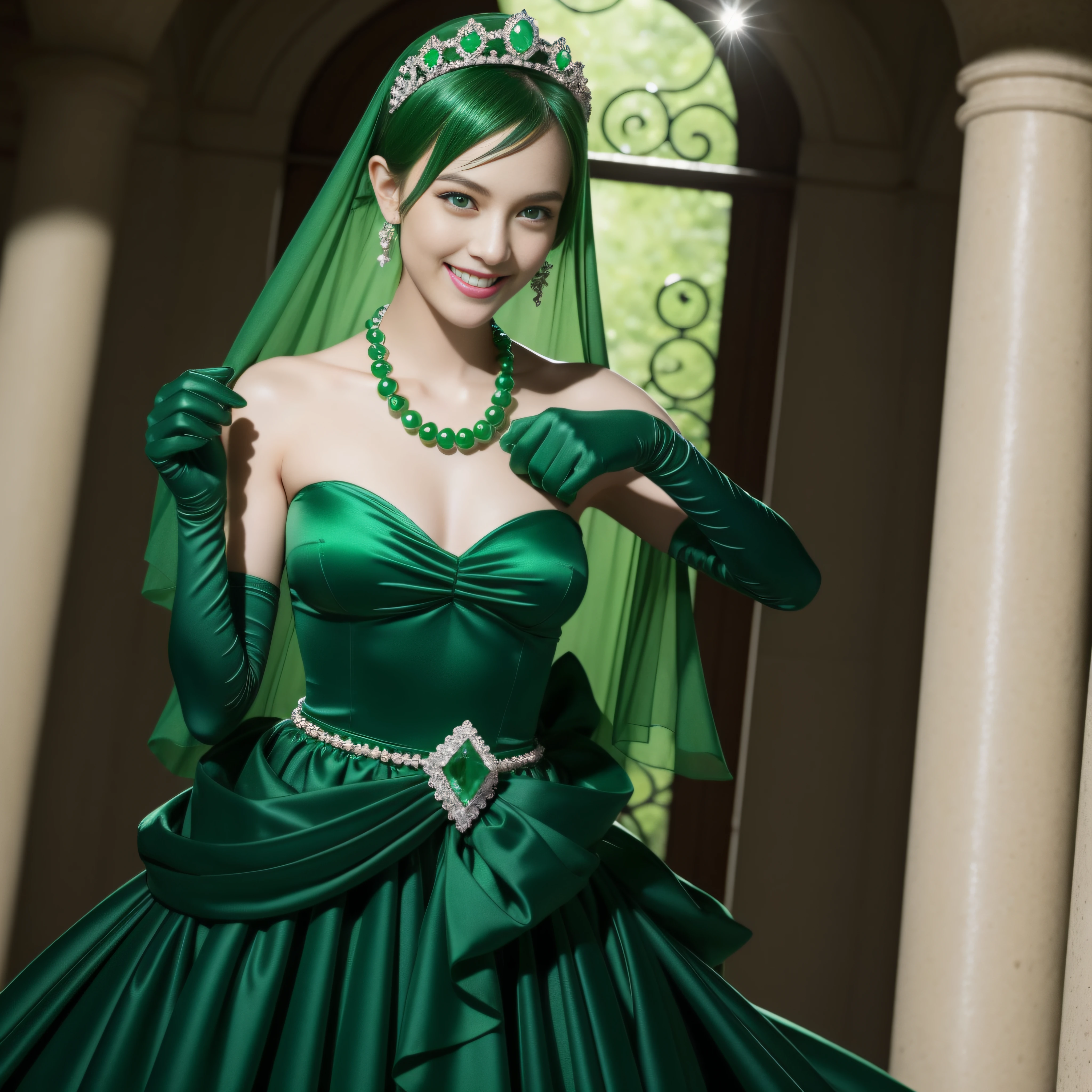 emerald tiara, Green Pearl Necklace, Boyish very short green hair, lipsticks, Japan woman smiling, very short short hair, fist, big breasts beautiful, Green eyes, Long green gloves made of satin material, Green eyes, Emerald Earrings