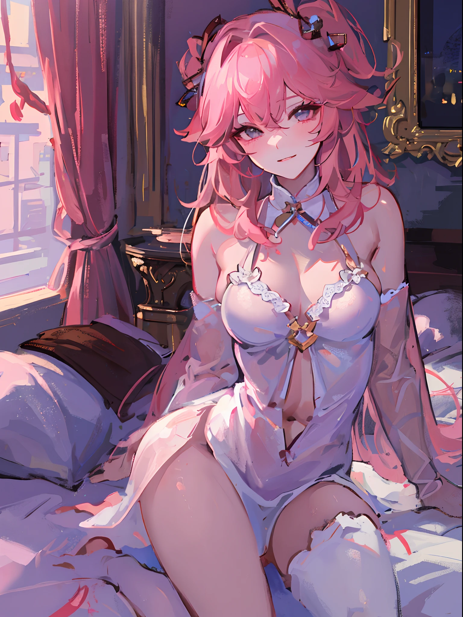 ((beautiful lighting, Best quality, 8K, Masterpiece: 1.3)), 1girl, Perfect body beauty: 1.4, ((pink hair)), (White+ ping dress: 1.4), (Indoor , night: 1.1), (Lie on the bed), Super Fine Face