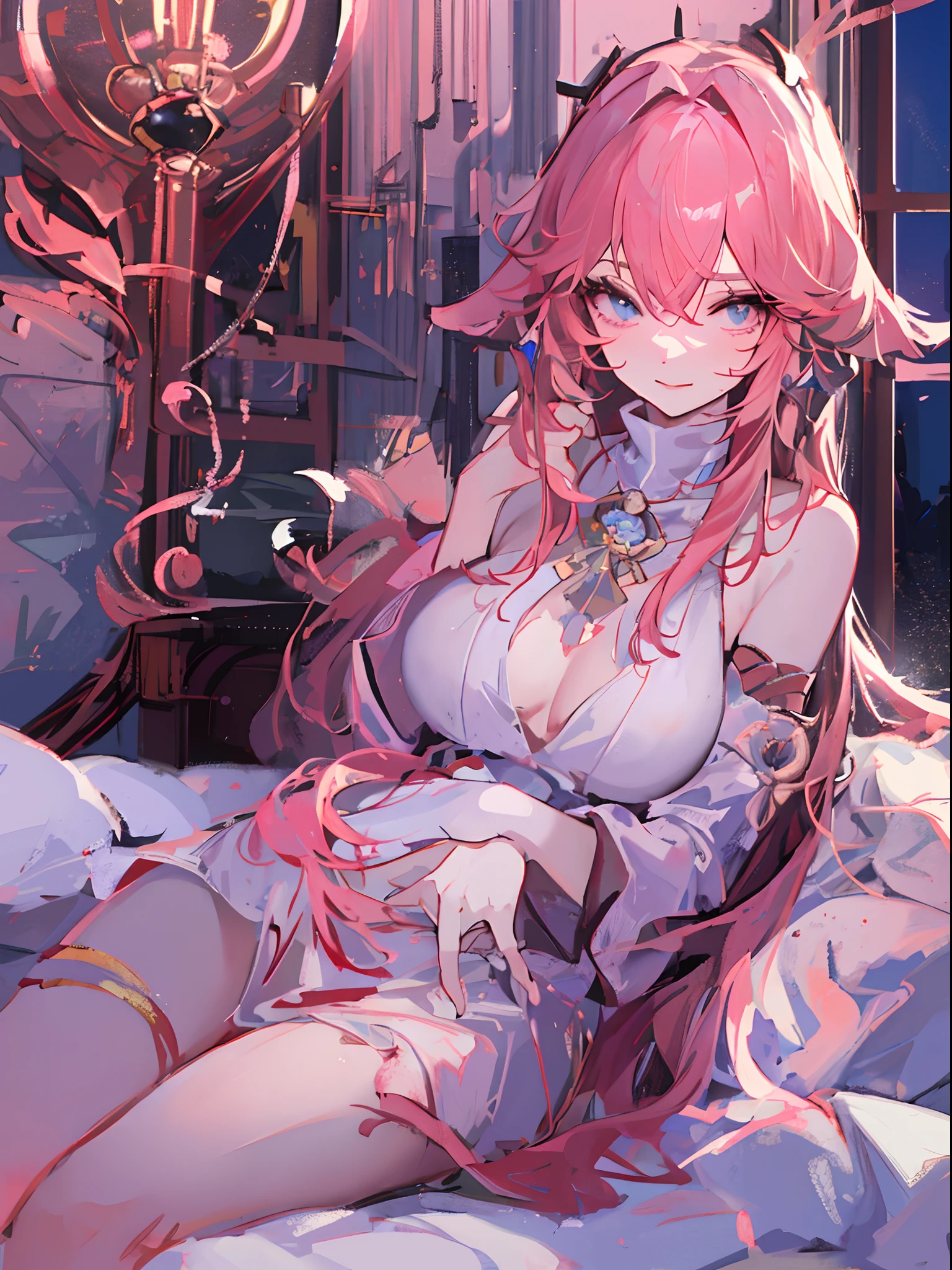 ((beautiful lighting, Best quality, 8K, Masterpiece: 1.3)), 1girl, Perfect body beauty: 1.4, ((pink hair)), (White+ ping dress: 1.4), (Indoor , night: 1.1), (Lie on the bed), Super Fine Face