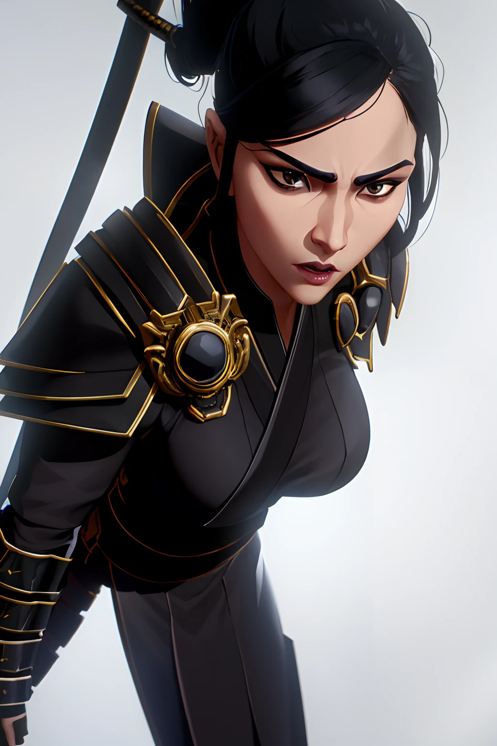 arcane style, 1girl, black hair, black clothing, shadow powers, katana, detailed eyes, good quality image, detailed face, good anatomy, 30 year old, young, black hair, shadows, full samurai armor, black eyes, oni mask, NOT sexualized, stoic expression, covered chest, muscular female, commander's pose, domineering stance, looking down at camera