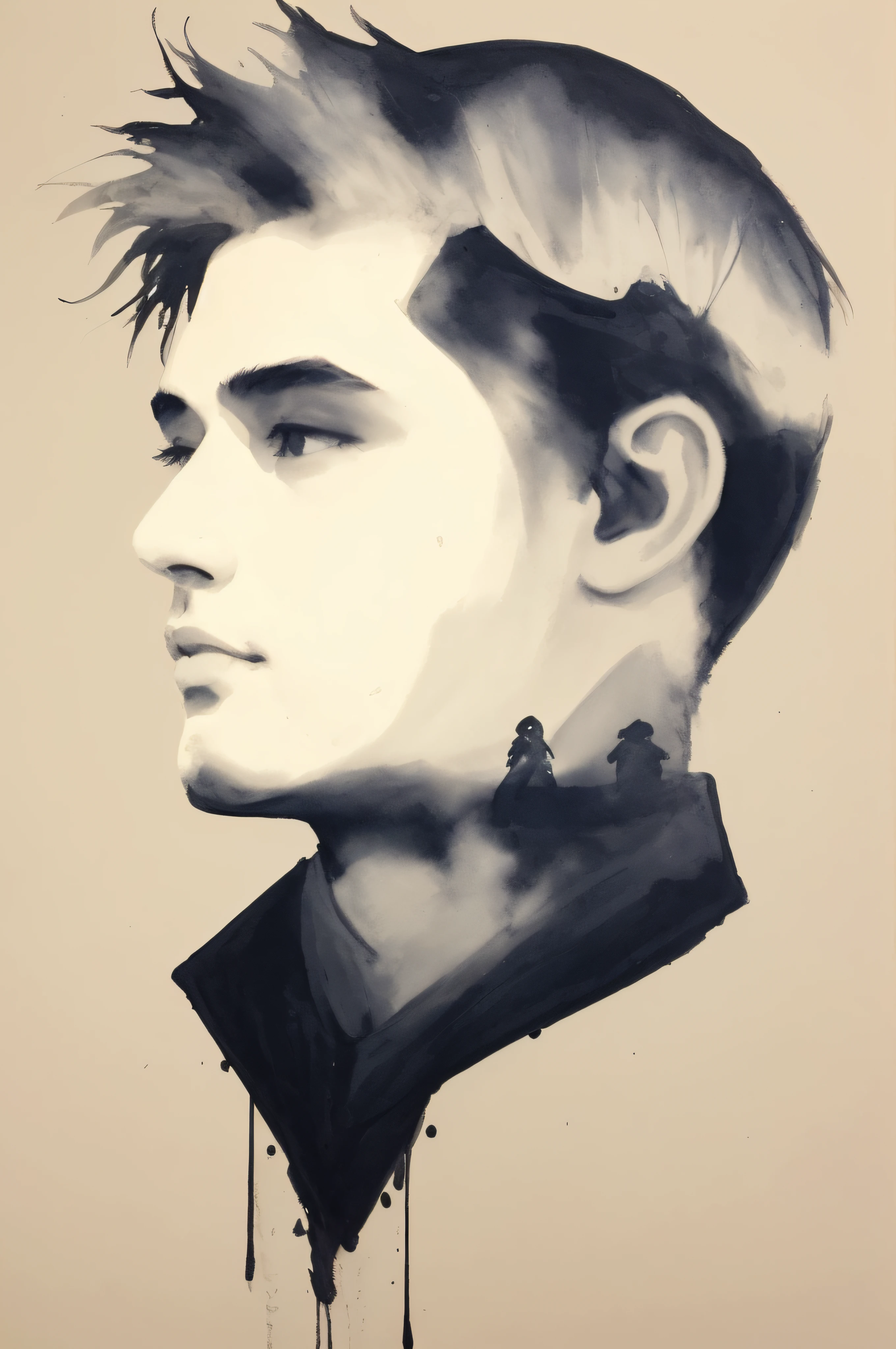 a handsome face boy in ink painting world,silhouette,