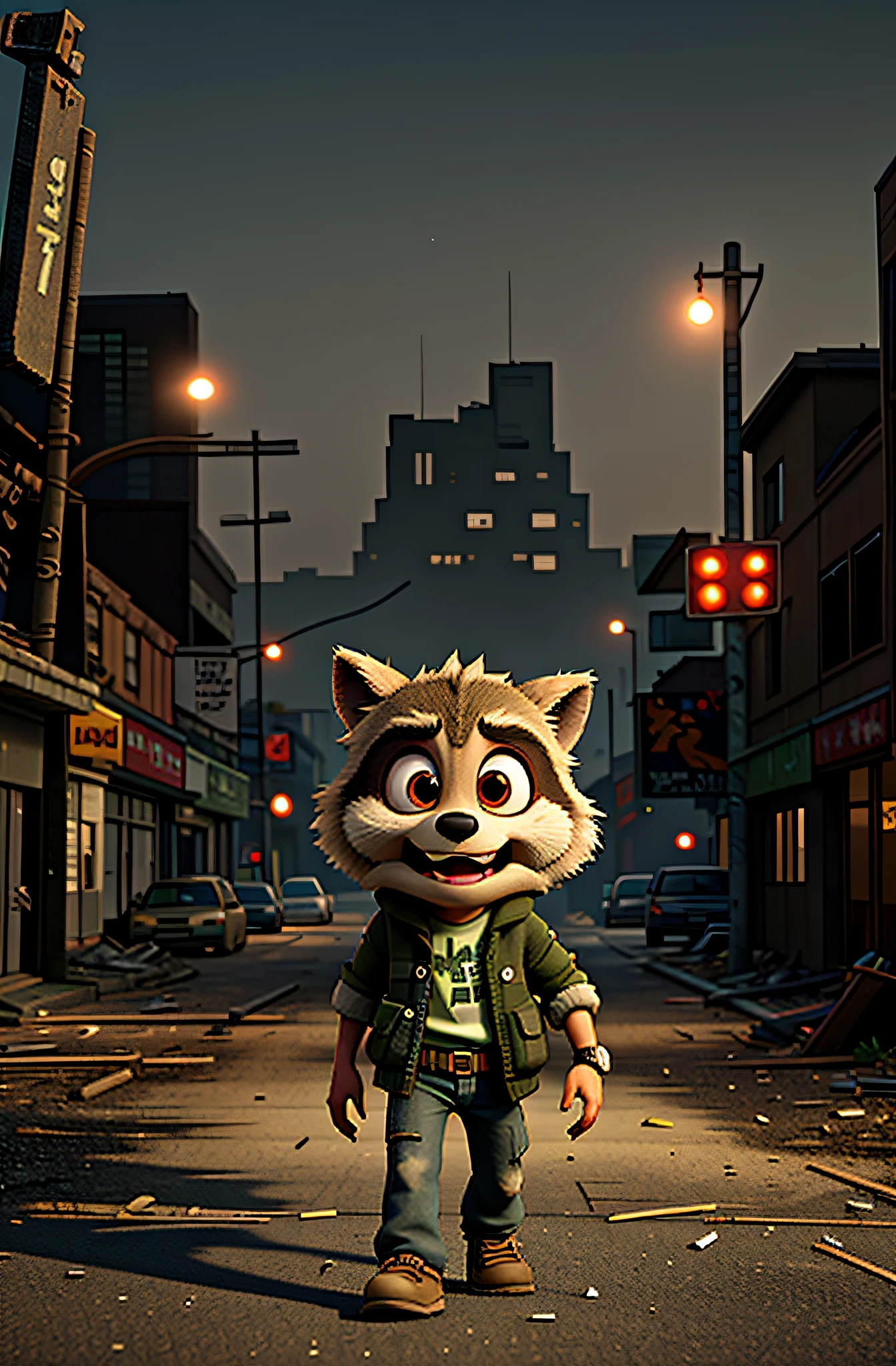 A raccoon zombie roaming in a post-apocalyptic city,
deteriorating textures and decaying buildings,
eerie mist and flickering street lights,
best quality, 4k resolution, ultra-detailed,
dark and gritty art style,
desaturated colors with an emphasis on greens and grays,
harsh and dramatic lighting,
shredded clothes and exposed bones,
bloodshot eyes and rotting flesh,
shambling gait and snarling mouth,
creepy and haunting atmosphere,
mysterious symbols and graffiti on the walls,
broken glass and scattered debris,
abandoned vehicles and overgrown nature,
sense of desolation and impending doom.