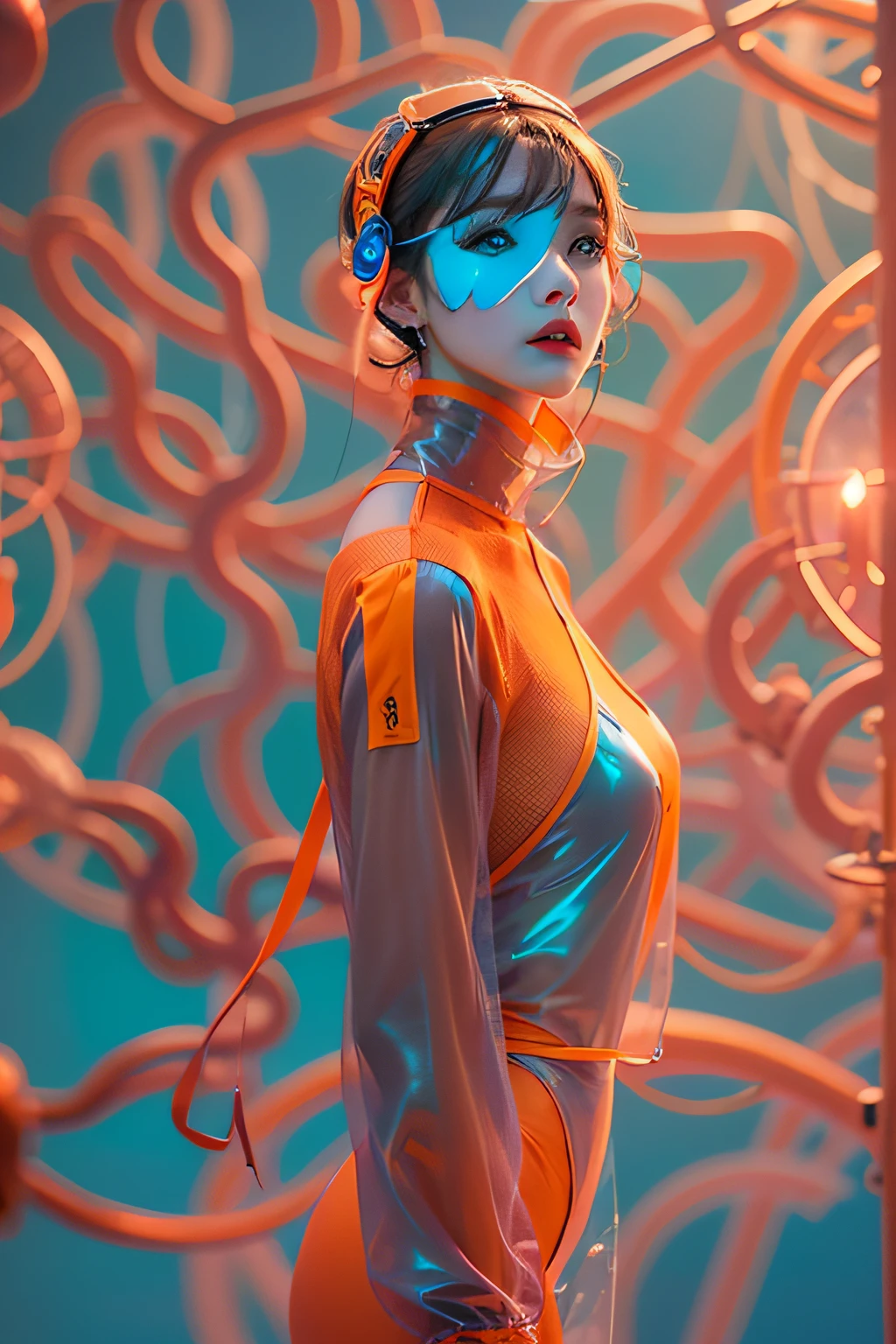 Supermodel in haute couture clothing, orange neon velvet and blue transparent polyethylene, Clothing model, in full height, Neo-Futurism style, ultradetail, The texture of the fabric, studio lightning, Professional photo, tmasterpiece, Elegantly, Professional photo, Clothing concept