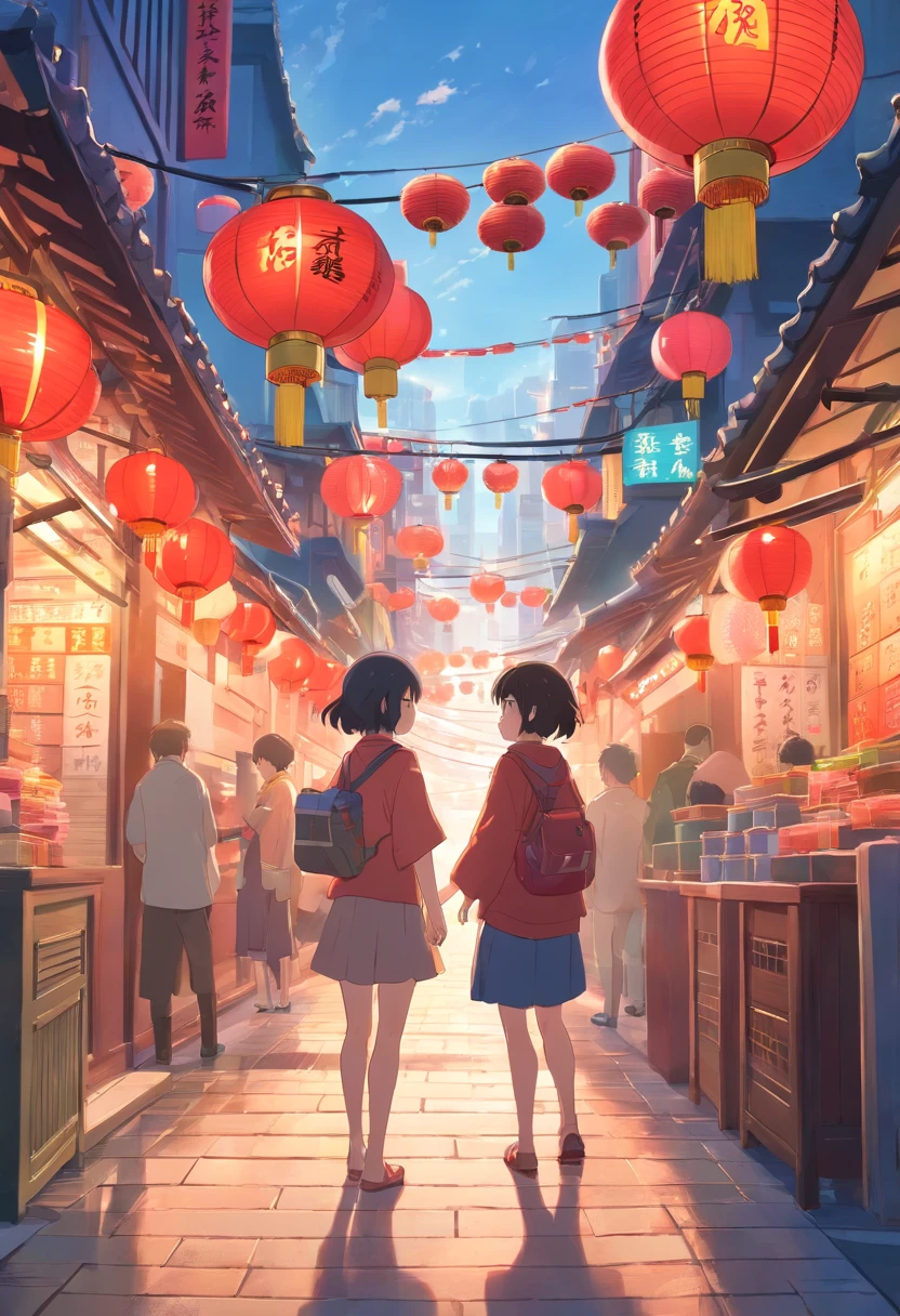 Street picture in CG game,Full of Chinese elements,The Lunar New Year is just around the corner,The festive atmosphere is strong,The streets are crowded,The style of medieval illustrations, Symbolic figurative landscapes, Light red and silver, Vintage poster design, Organic Art Nouveau, Saturated pigment pool, woodcut print