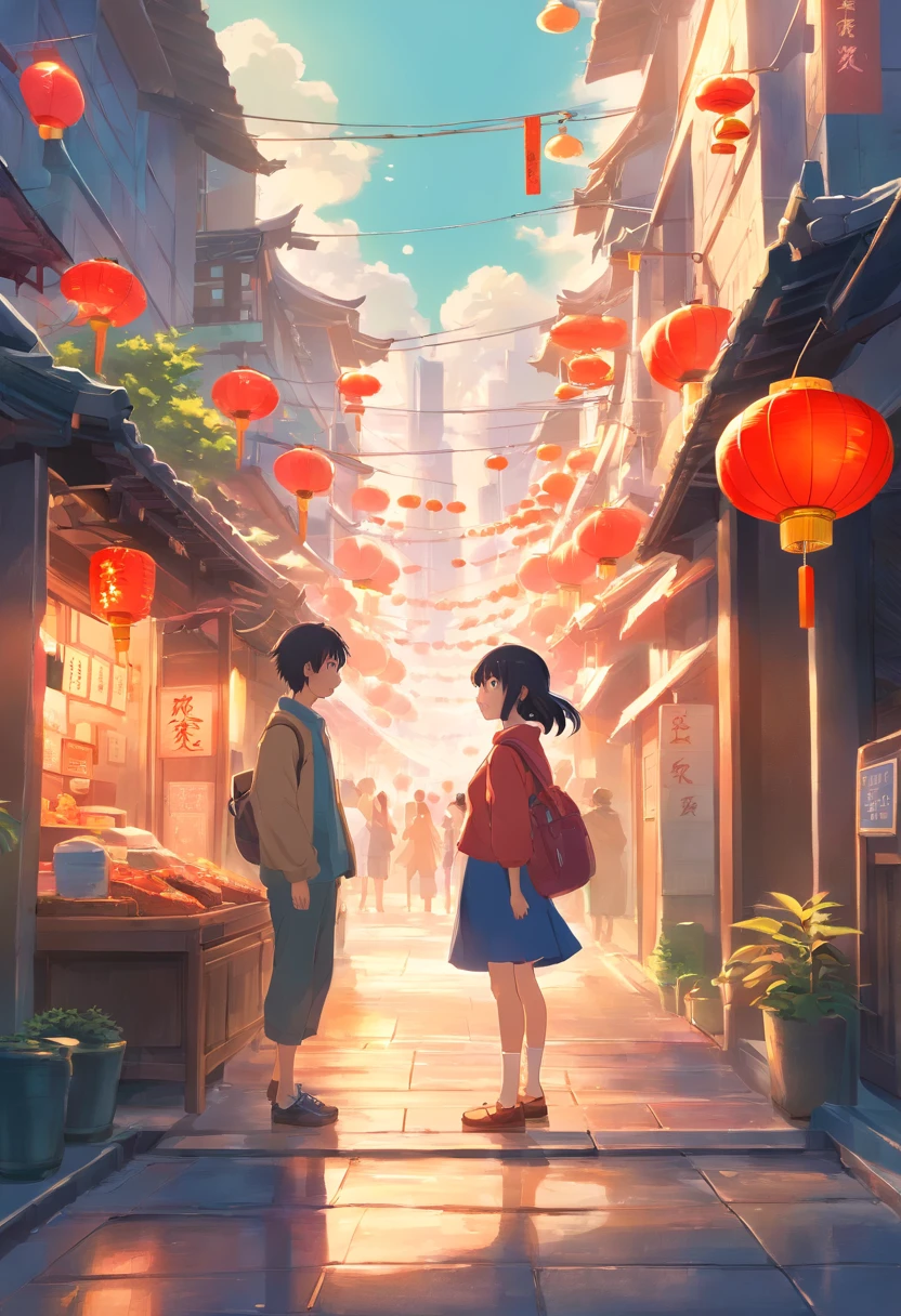 Street picture in CG game,Full of Chinese elements，The Lunar New Year is just around the corner，The festive atmosphere is strong，The streets are crowded，The style of medieval illustrations, Symbolic figurative landscapes, Light red and silver, Vintage poster design, Organic Art Nouveau, Saturated pigment pool, woodcut print