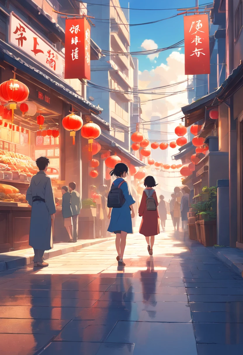 Street picture in CG game,Full of Chinese elements，The Lunar New Year is just around the corner，The festive atmosphere is strong，The streets are crowded，The style of medieval illustrations, Symbolic figurative landscapes, Light red and silver, Vintage poster design, Organic Art Nouveau, Saturated pigment pool, woodcut print