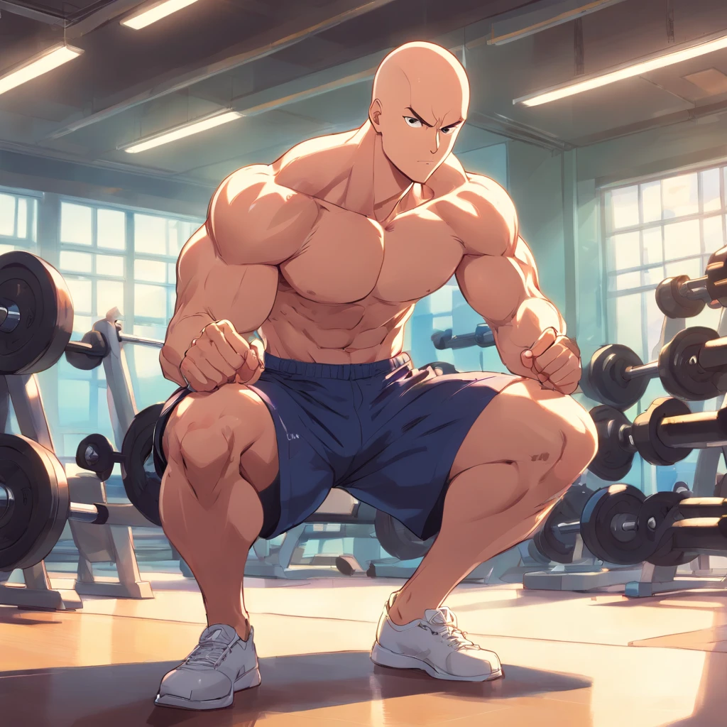 Saitama ((careca)), Um homem de soco, masculino, Working out intensely in a bodybuilding gym, Well-defined and detailed muscles,