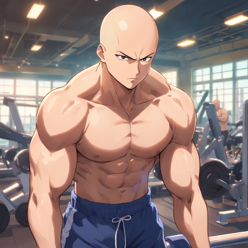 muscular man, white hair, red eyes, short hair, 1man, mature, big arms, big pecs, abs, at cafeteria, drinking coffeem wearing gym clothes, post working out, sweaty, flustered, bulge in pants, outline of a sausage in pants