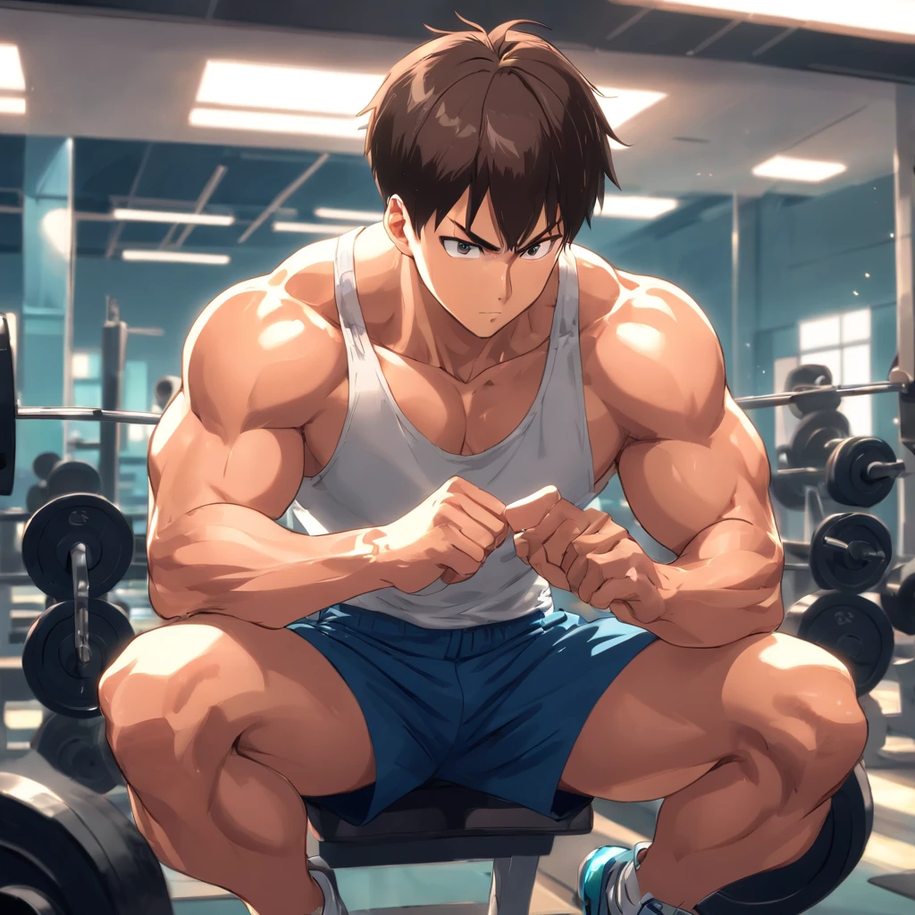 levi ackerman in gym clothes training intensely in a bodybuilding gym, buff, looking a viewer, gym, muscle , working out, sitting on the bench