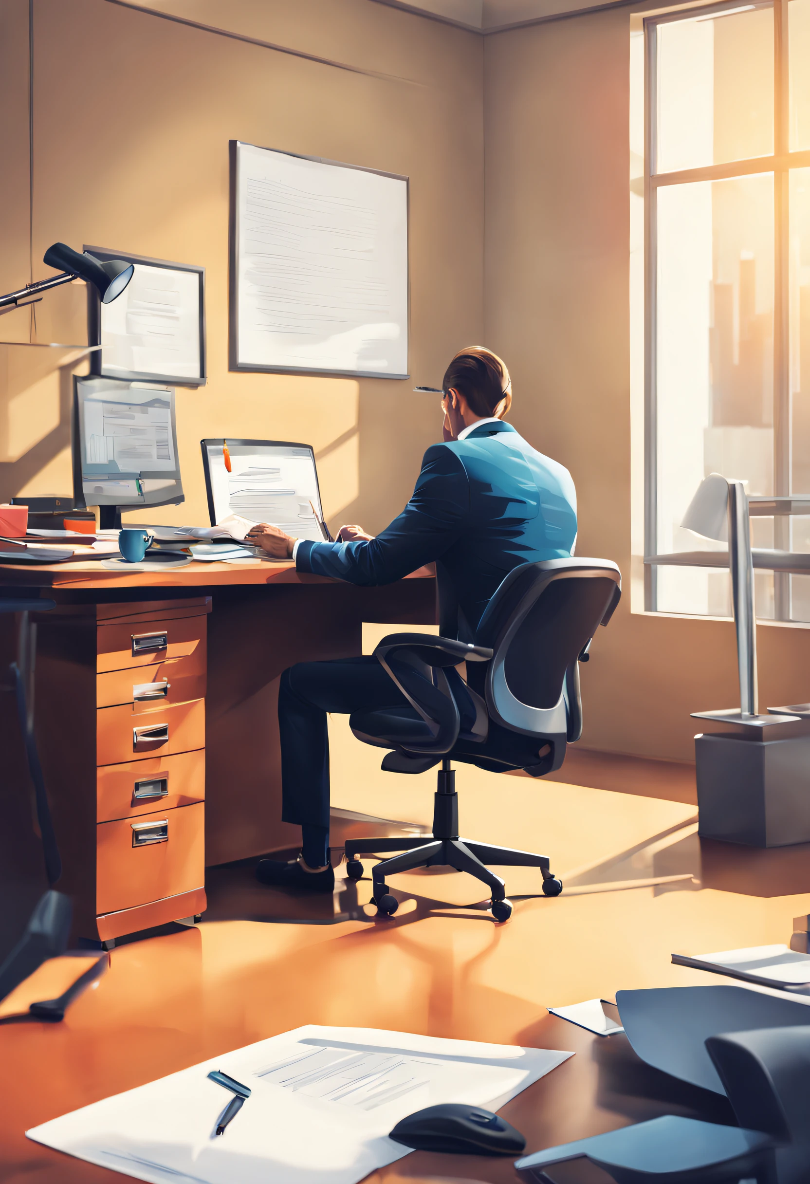 office man sitting at the desk with his head down,desk,computer,laptop,office supplies,coffee cup,documents,keyboard,mouse,office chair,pens,paperclips,stressed man,workaholic,vivid colors,realistic lighting,bright natural light,calm atmosphere,quiet environment,sunlight coming through the window,modern office,professional setting,neat and organized workspace,efficient work environment,productive atmosphere,pleasant working conditions,relaxed and focused man,office ambience,sunlit office,man in business attire,contemporary office decor,peaceful workplace,quiet and serene surroundings,serenity,meticulous attention to detail,high-resolution image,ultra-detailed rendering,sharp and clear visuals,masterpiece:1.2,photorealistic artwork,highest image quality,high-res digital art.
