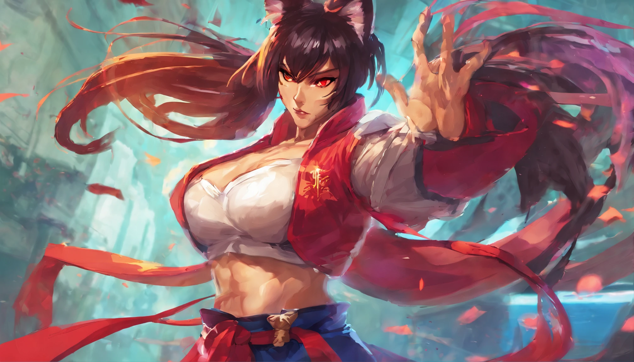Ahri de League of Legends, foto do corpo todo, perfect hands, cabelos pretos e longos, nine fox tails on the tailbone, orelhas de raposa pretas, roupa de samurai vermelha, papel de parede, fundo em Iona, rosto sexy oriental, cabelos pretos escuros, imagem horizontal, celular