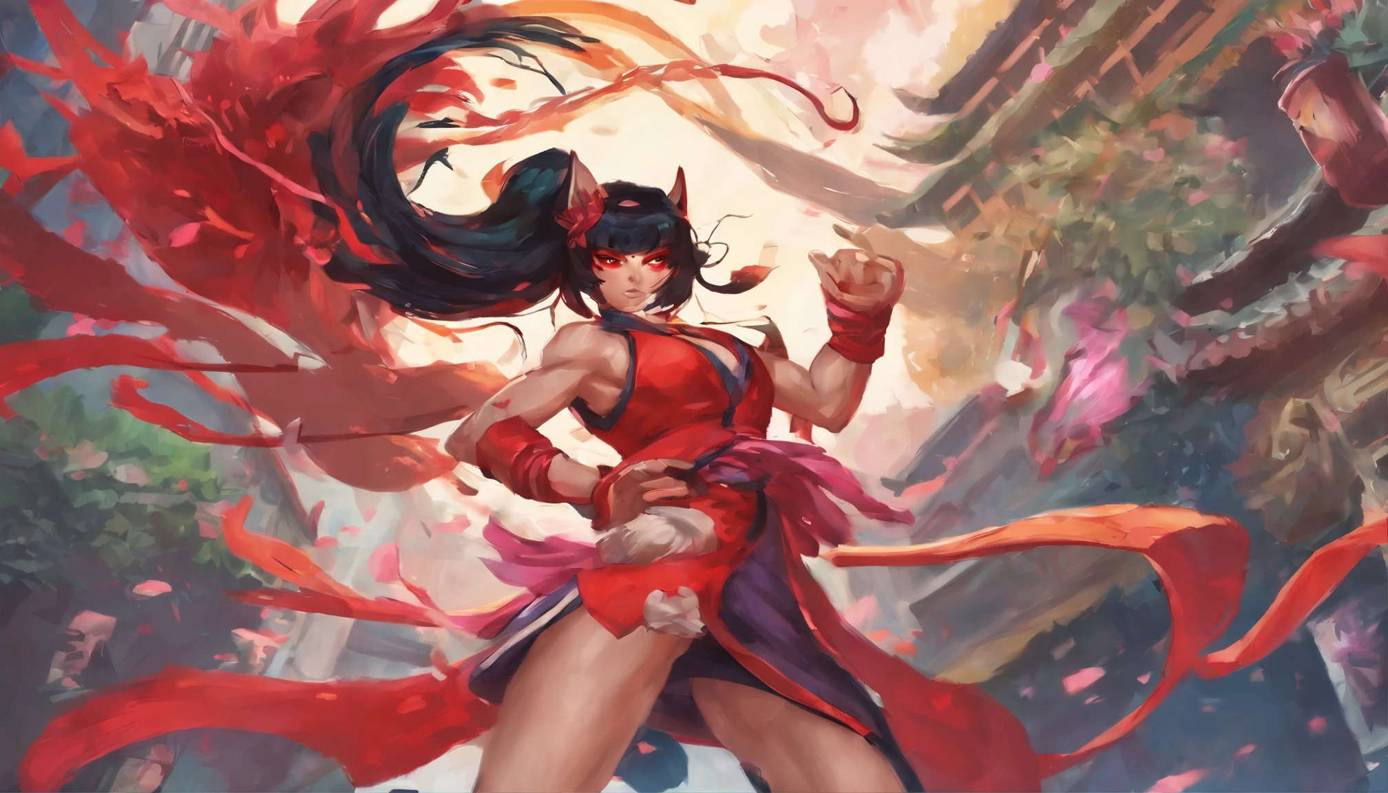 Ahri de League of Legends, foto do corpo todo, perfect hands, cabelos pretos e longos, nine fox tails on the tailbone, orelhas de raposa pretas, roupa de samurai vermelha, papel de parede, fundo em Iona, rosto sexy oriental, cabelos pretos escuros, imagem horizontal, celular