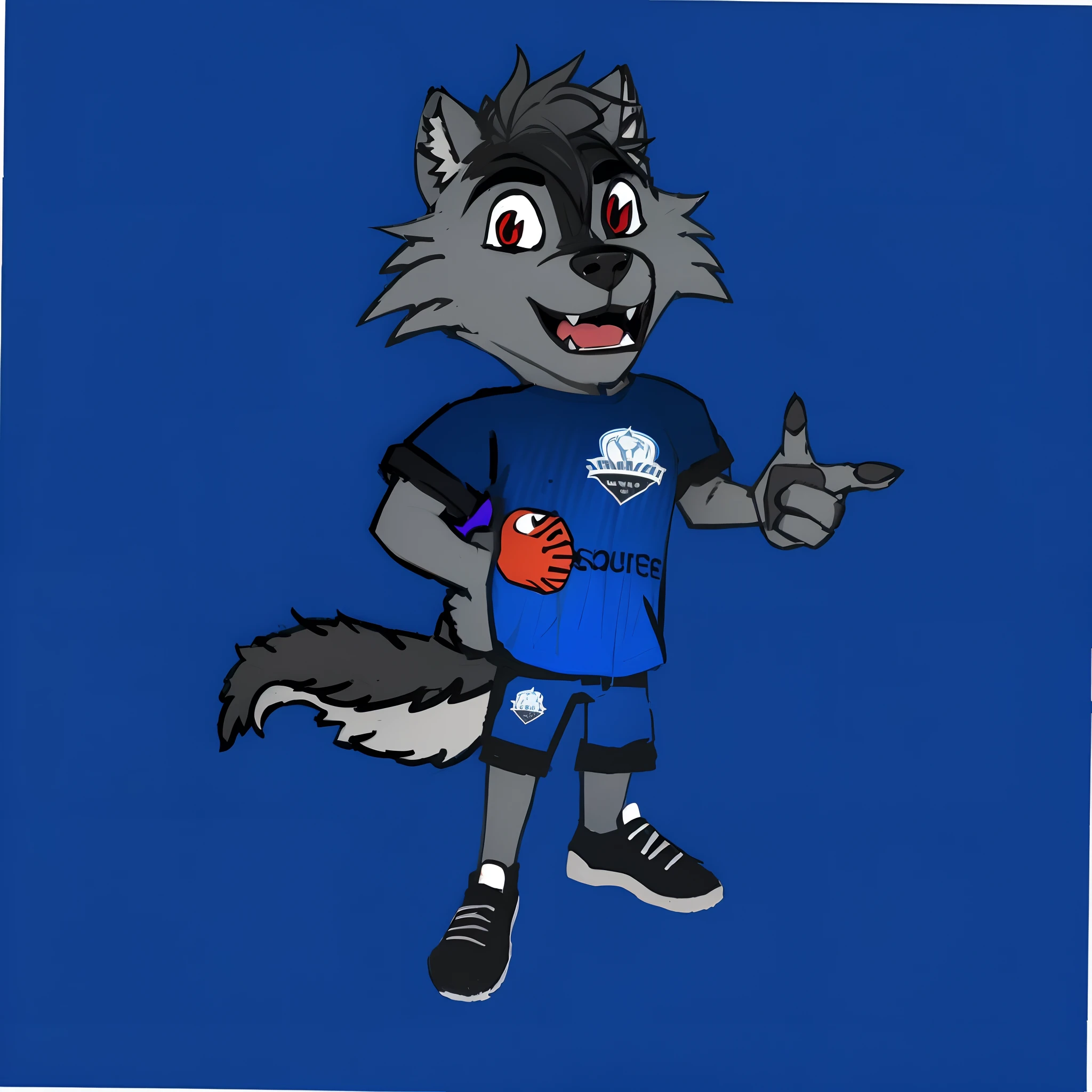 desenho animado de um lobo com uma camisa azul e sapatos pretos, mascote da equipe esportiva, mascote esportivo, mascote de corpo inteiro, an anthropomorphic wolf, Illustration of the mascot of the sarandiense, anthropomorphic wolf, Wolf O'Donnell, Lobo Fursona, mascote de futebol do time sarandiense, um lobo de camisa que tenha escrito EQUIPE COM UMA BOLA LARANJA