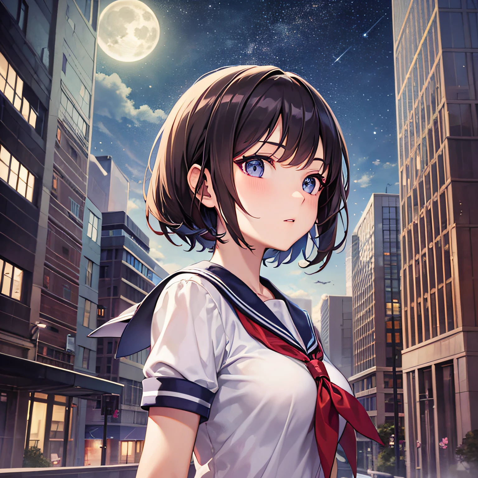 Best Quality, 超A high resolution, (Illustration:1.2)、 up of face,Moonlight,1girl in,High school students,15 years old,Medium bob,slender,Large breasts,Natural makeup, natta, Above a high-rise building, Looking up at the starry sky, a sailor suit