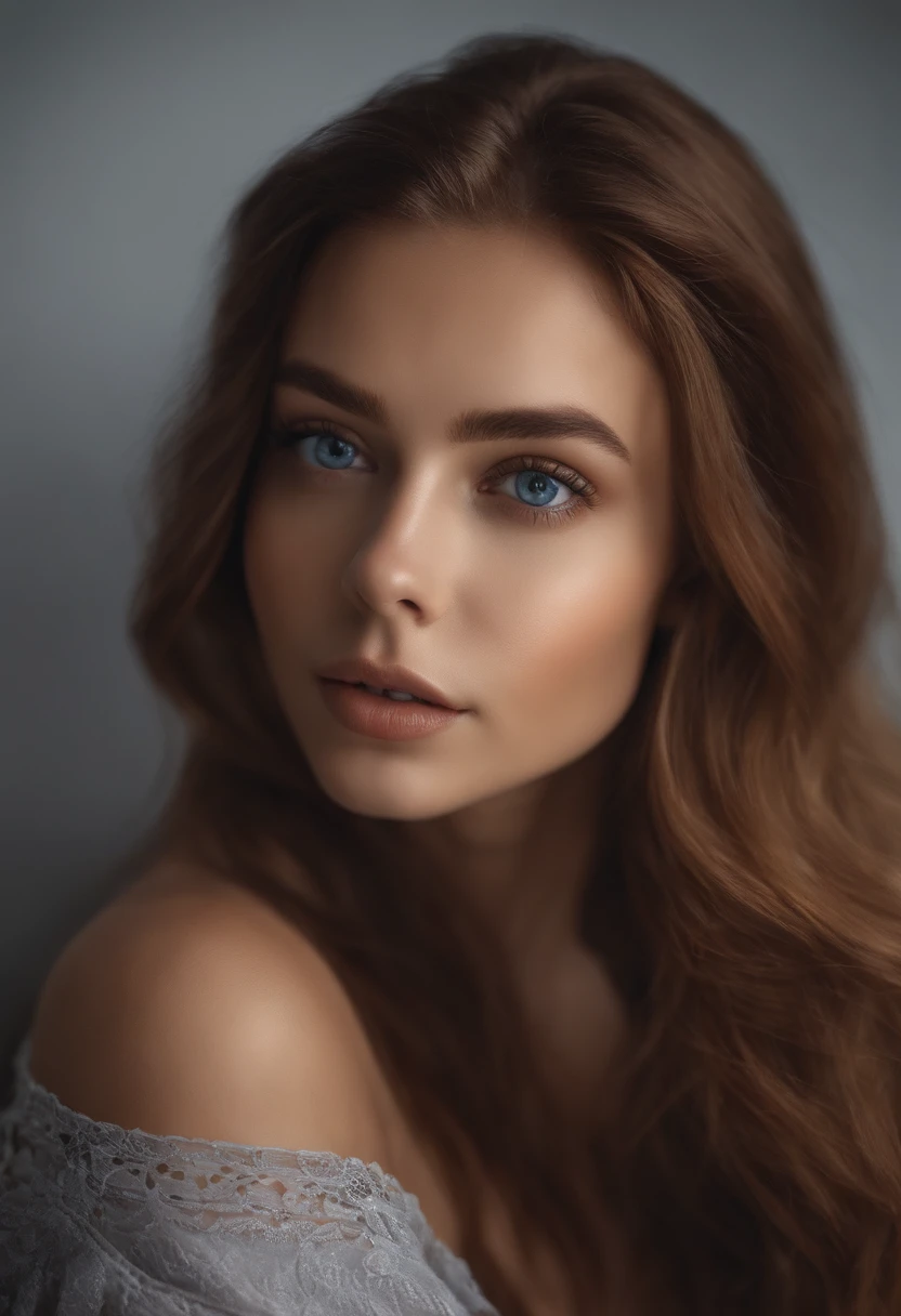 Arafed woman completely , fille sexy aux yeux bleus, ultra realist, Meticulously detailed, Portrait Sophie Mudd, cheveux roux et grands yeux, selfie of a young woman, Yeux de chambre, Violet Myers, sans maquillage, maquillage naturel, looking straight at camera, Visage avec Artgram, Maquillage subtil, Great photo of the whole body kneeling on the bed, dans la chambre, Medium to large bust